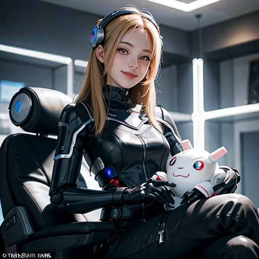 As the woman sits, she can't help but smile at her pet robot, a unique and visually striking addition to her life.