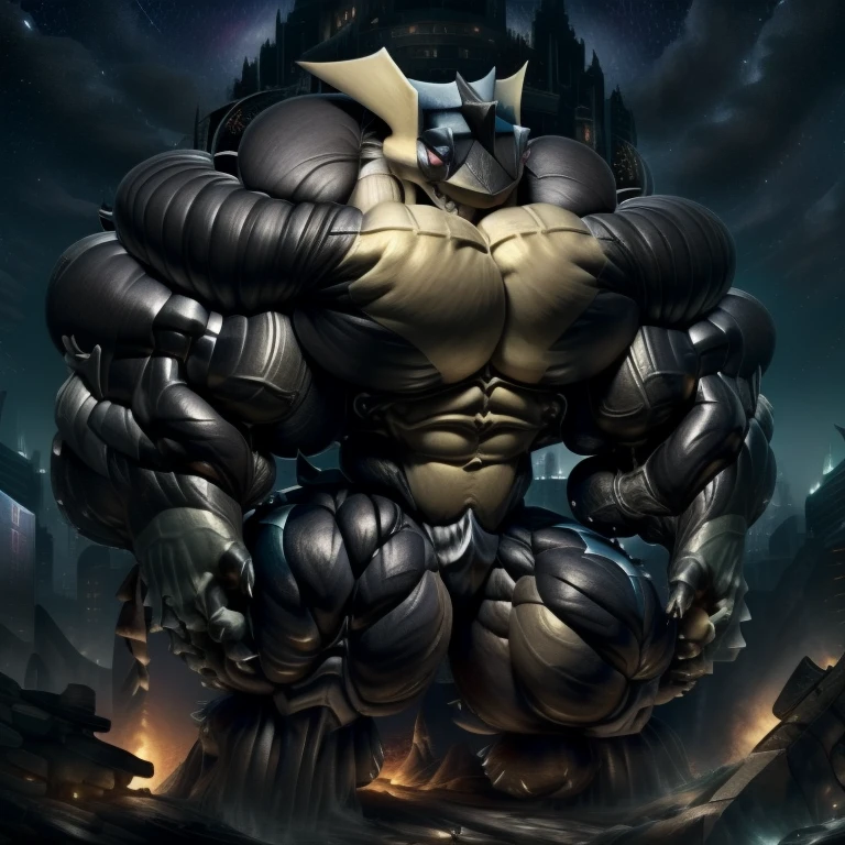 Futuristic city, night, stars, night lights, Greninja, massive muscles, huge pecs, chiseled abs, huge pectorals, exaggeratedly huge muscles. a furry hero whose presence inspires trust and respect. (gigantic muscles), 8K, Masterpiece, highres, Detailed head, Detailed Body, full body, Detailed abs, wearing crNanosuit, big muscle (pecs, triceps, traps) unusually developed muscular body, body full of huge muscles. pectorales enormes. Exaggeratedly huge muscles. Gigachad Muscular, gigantic muscles, Colossal giant NANOSUIT over a battlefield, The claws are sharp, Sharp teeth, nj5furry, Animal paws, castle, black visor, He wears a black cloak on his back, FULL BODY, long legs,