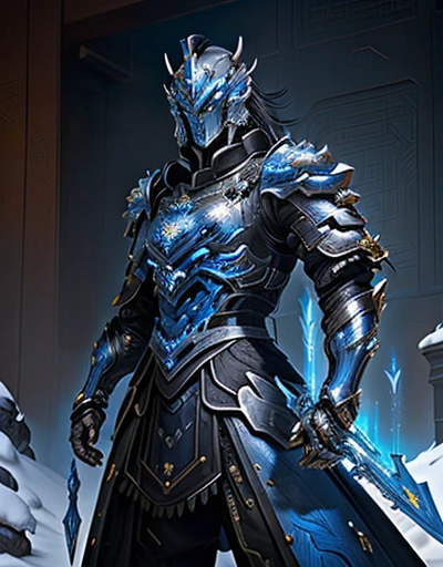 a close up of a Chinese man with black hair, brown eyes, goatee, holding a sword and a blue armored suit, blue armor, guyver style, dragon inspired blue armor, guyver, beautiful biomechanical djinn, guyver dark hero, warframe art, warframe infested art, detailed warframe fanart, blue and ice silver color armor, alien space knight, fantasy armor, water armor