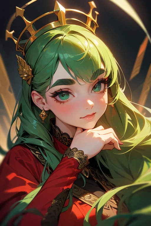 (highest quality, masterpiece:1.2), High resolution, Very detailed, Realistic:1.37, Fantasy, An illustration, Green Eyes、Queen, Red lace dress.Platinum decoration、beautifully、Eyeshadow Red、Thick eyebrows、Long eyelashes、pupils are black、Her hair is dark green、Gold crown、Kissing Face、Embarrassing、Beloved by the crowd、Hair is green、Braiding、hair ornaments、Laugh gently、