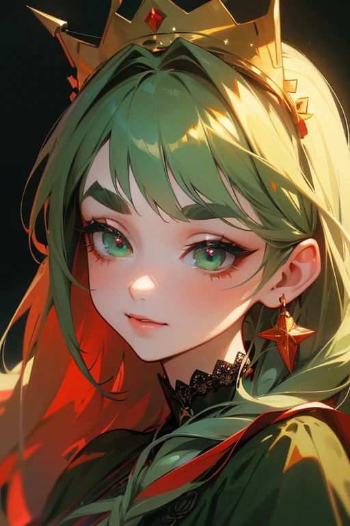 (highest quality, masterpiece:1.2), High resolution, Very detailed, Realistic:1.37, Fantasy, An illustration, Green Eyes、Queen, Red lace dress.Platinum decoration、beautifully、Eyeshadow Red、Thick eyebrows、Long eyelashes、pupils are black、Her hair is dark green、Gold crown、Kissing Face、Embarrassing、Beloved by the crowd、Hair is green、Braiding、hair ornaments、Laugh gently、