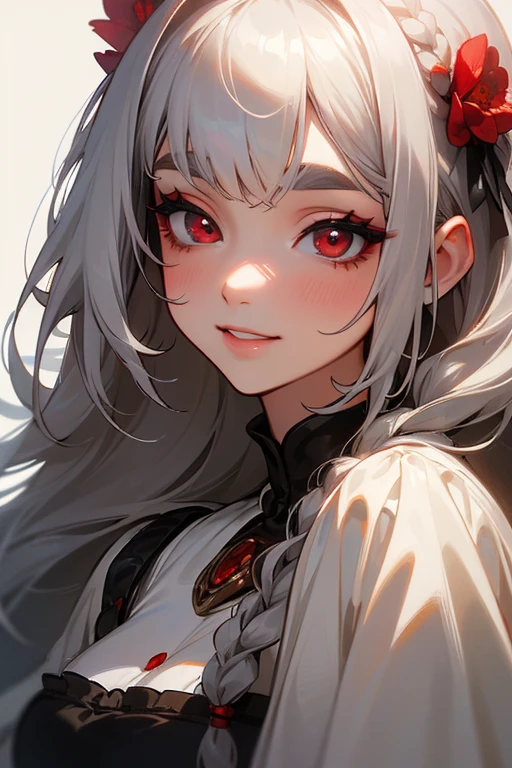 (highest quality, masterpiece:1.2), High resolution, 最高masterpiece、Very detailed, Realistic:1.37, Fantasy, An illustration,Gray Hair、 Red eyes、Queen, White Dress、beautifully、Eyeshadow Red、Thick eyebrows、Long eyelashes、pupils are black、shiny on the lips、Top Sites、Queen、Princess、A kind smile、Show your teeth a little and smile、Soft impression、people々Loved by、Slimming the face、Shoulder Bare、Sexy braids、Kissing Face、White long hair、Shaggy Bangs