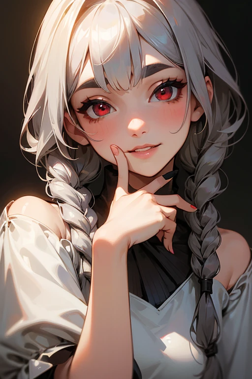 (highest quality, masterpiece:1.2), High resolution, 最高masterpiece、Very detailed, Realistic:1.37, Fantasy, An illustration,Gray Hair、 Red eyes、Queen, White Dress、beautifully、Eyeshadow Red、Thick eyebrows、Long eyelashes、pupils are black、shiny on the lips、Top Sites、Queen、Princess、A kind smile、Show your teeth a little and smile、Soft impression、people々Loved by、Slimming the face、Shoulder Bare、Sexy braids、Kissing Face、White long hair、Shaggy Bangs