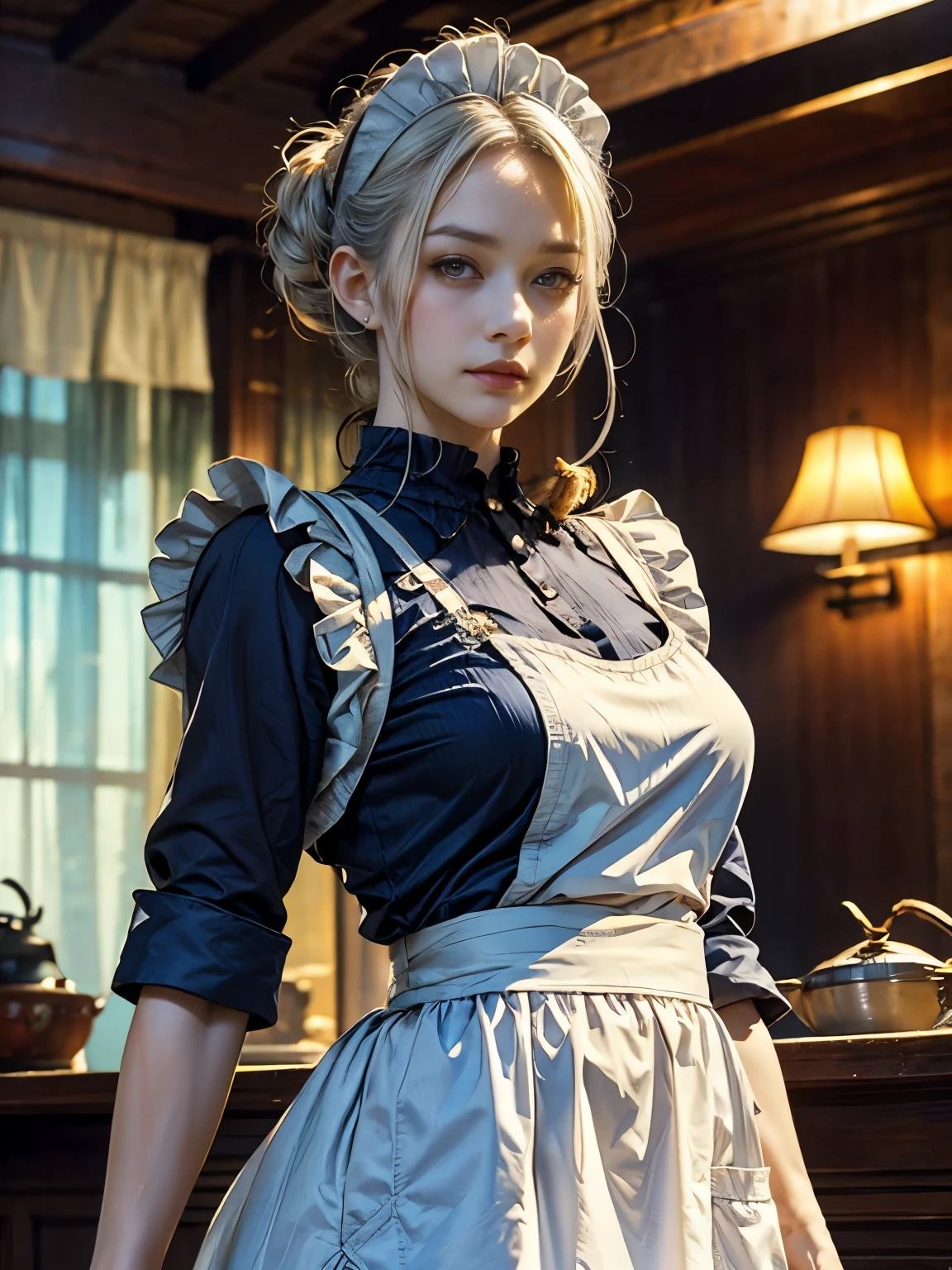 Maid clothesを着た美しいサイボーグの女性兵士、Short white hair、Muscular、Six Pack Abs、(Maid clothes:1.8)、(White ruffled apron:1.4)、Facial blemishes、Eye patch、（Fighting Aliens:1.55）、Smirking expression、Dynamic configuration、detailed、Photorealistic、8k、High resolution、超detailed、Cinematic lighting、Dramatic colors、SF、Concept Art