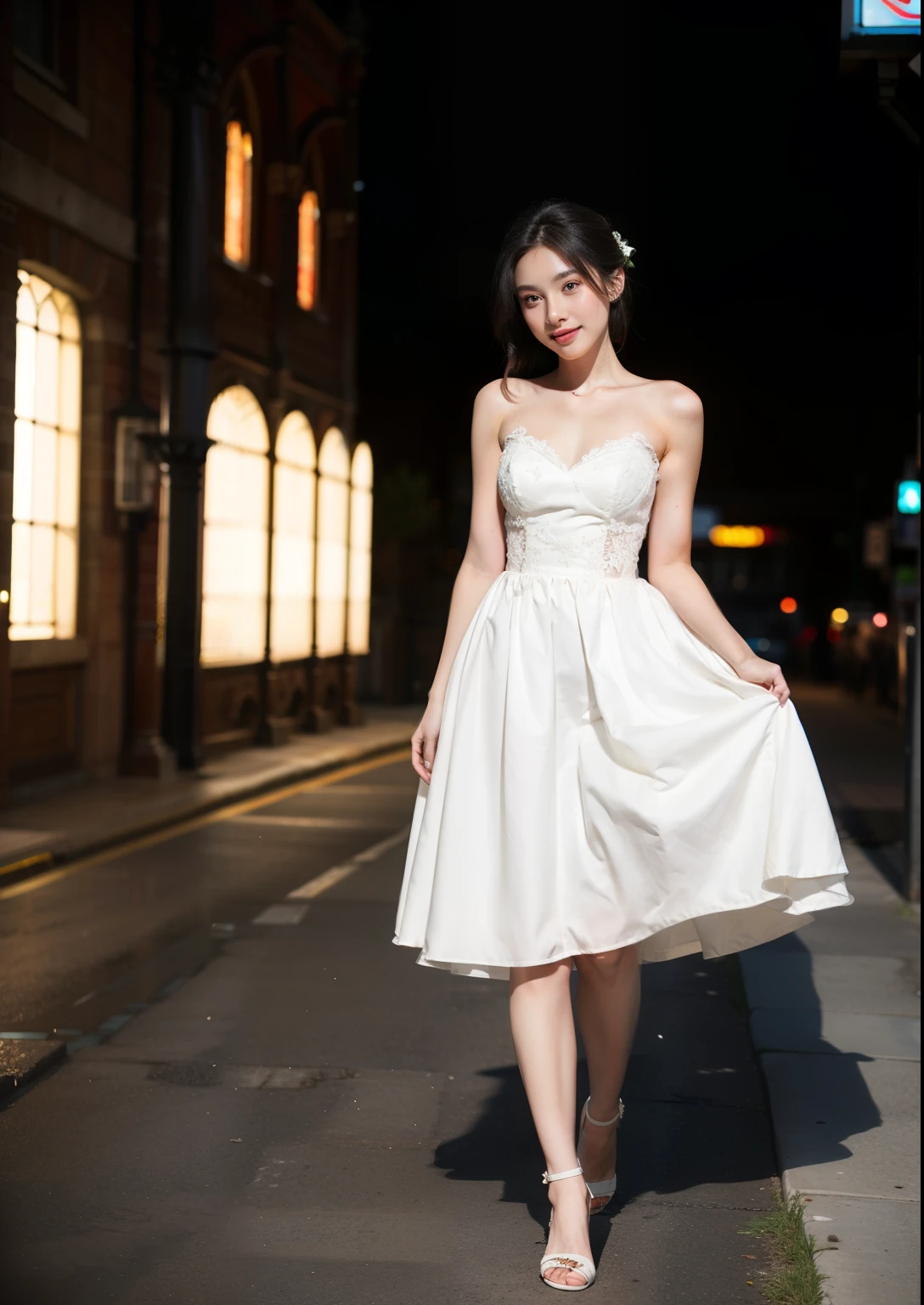 Beautiful 25 year old  woman。She is wearing a summer wedding dress. She is walking and her legs crossed and one leg is visible. She is shying and smiling on illuminated by the evening church lights . her black hair. High resolution、masterpiece、highest quality、頭w:1.0、((Hasselblad Photos))、fine skin、(movie lighting)、clavicle . full body picture.