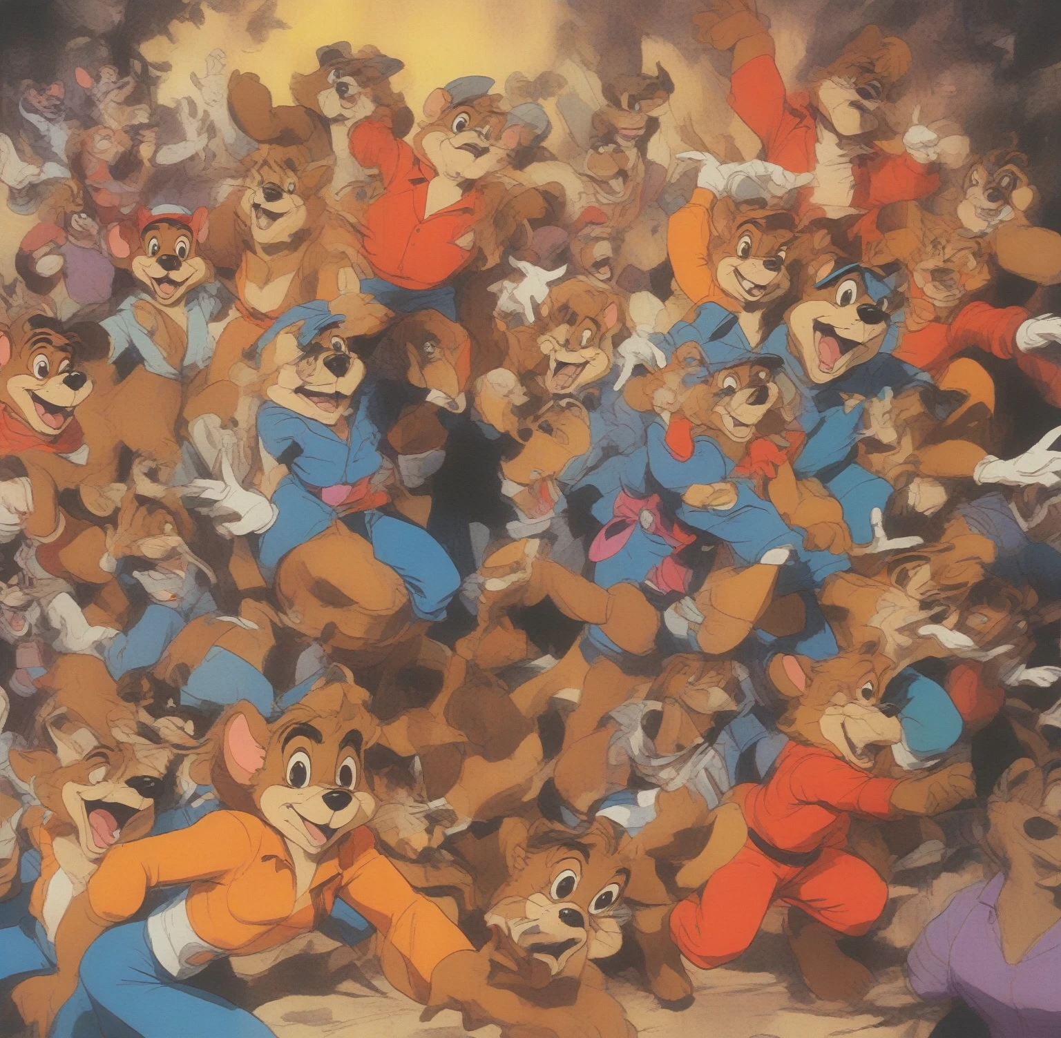 (Talespin 1990's cartoon homage), comic 1990's, animated tv show screengrab, Talespin cast dancing stanky boogie, cinematic poster, image within image, multiple exposure, massive scale, rich color grading for shading depth, hand drawn rotoscope cartoon realism, chiaroscuro lighting, mixed media, vintage comic, retro original design, 1990's comic, sense of movement energy, taking flight, tropical rot, rewilding, (full roygbiv color) ink charcoal expressive illustration, Talespin aesthetics
