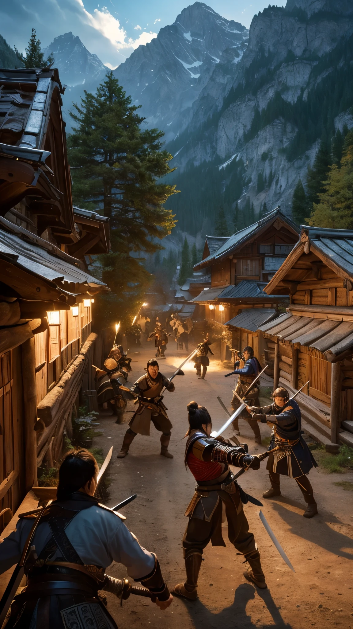 masterpiece, Very detailed, Ultra-realistic, Detailed Background, Bright lighting, lighting,, (A swordsman fighting bandits in a square surrounded by forest), (Mountain hut), (Wide-angle),
