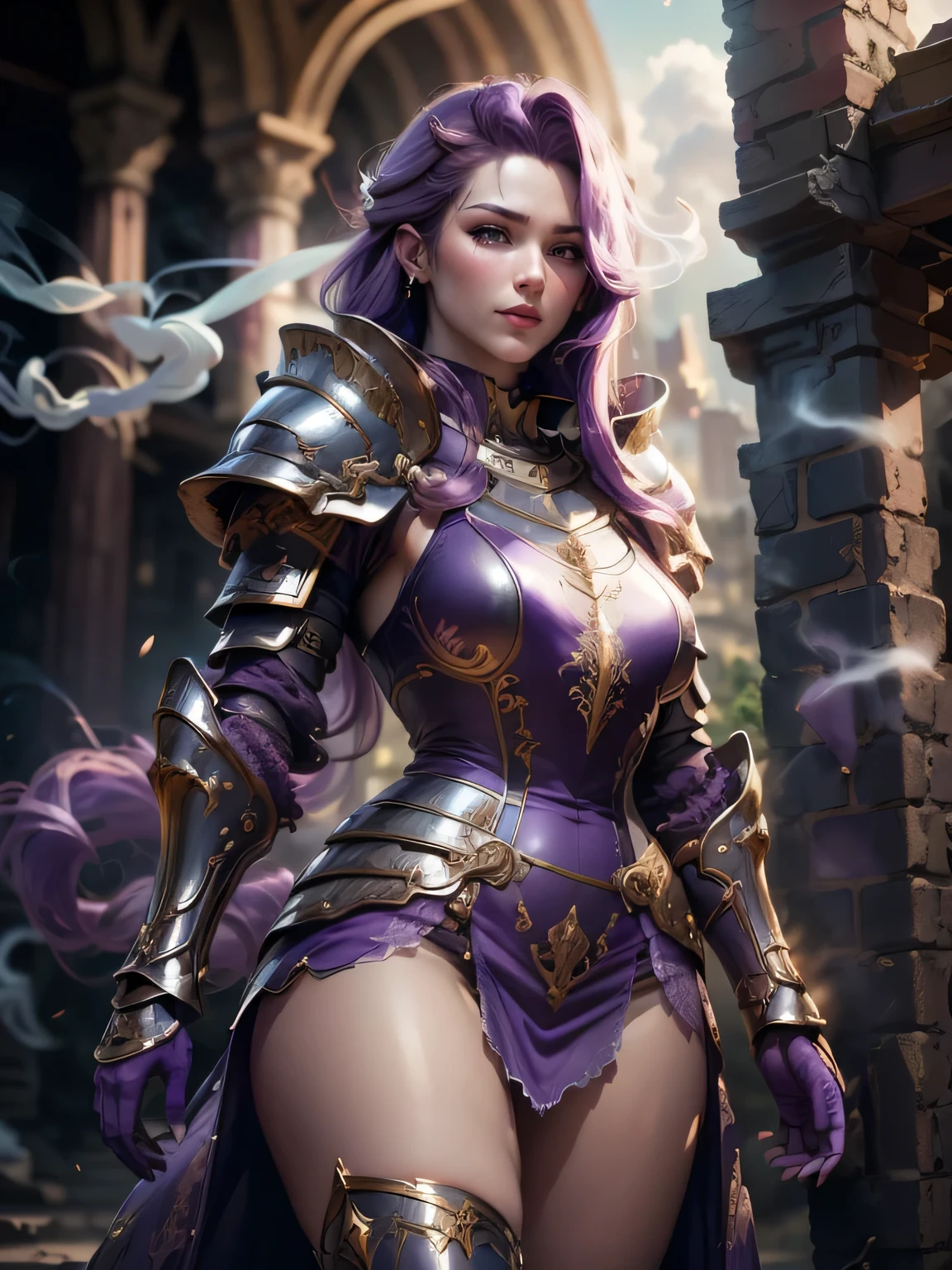 (Masterpiece, Superb Detail, Super Detailed, High Resolution), Male Focus, (((Female Armor))), (((Armor Purple Dress Set))), (She Has Long Purple Hair, Medium Breasts, Slim, perfect body, beautiful face), look at viewer, (((purple panty))), (((smoke))), City Ruins, Background Details, Solo