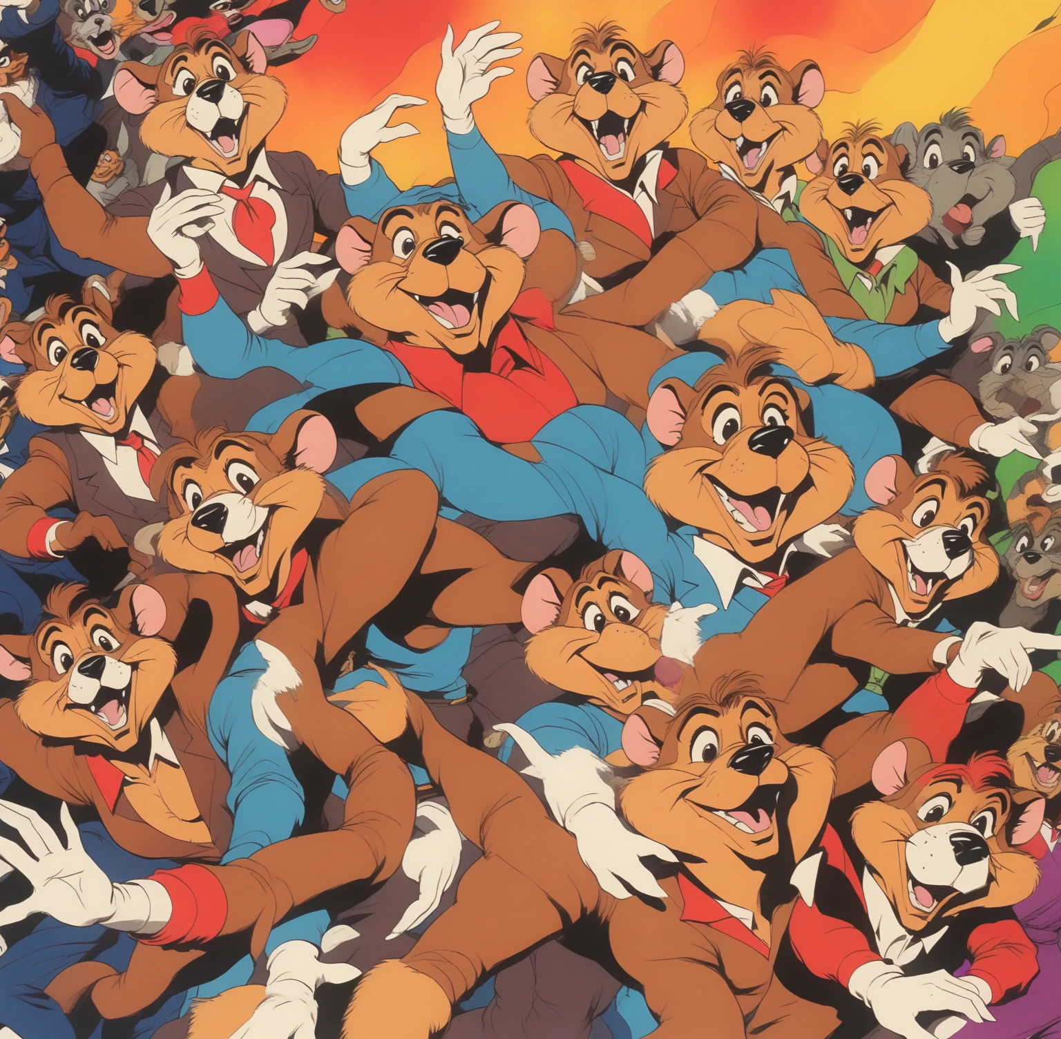 (Talespin 1990's cartoon homage), comic 1990's, animated tv show screengrab, Talespin cast dancing stanky boogie, cinematic poster, image within image, multiple exposure, massive scale, rich color grading for shading depth, hand drawn rotoscope cartoon realism, chiaroscuro lighting, mixed media, vintage comic, retro original design, 1990's comic, sense of movement energy, taking flight, tropical rot, rewilding, (full roygbiv color) ink charcoal expressive illustration, Talespin aesthetics
