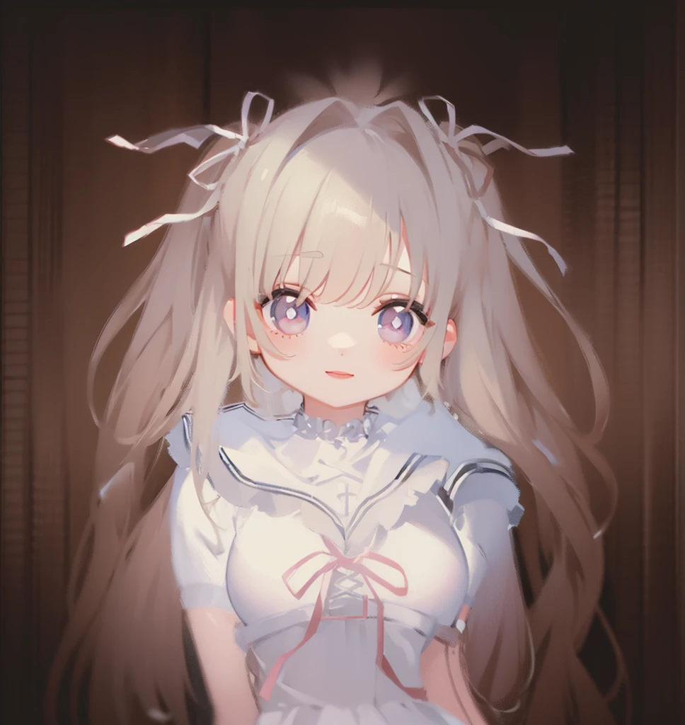highest quality、An illustration、1 girl、beautiful face、cute、white background、beige hair、curly hair、thin white ribbon on head、white blouse、gingham checked skirt、white skin、princess cut、pink cheeks、Small lips、Pink lips、tear bag、smile