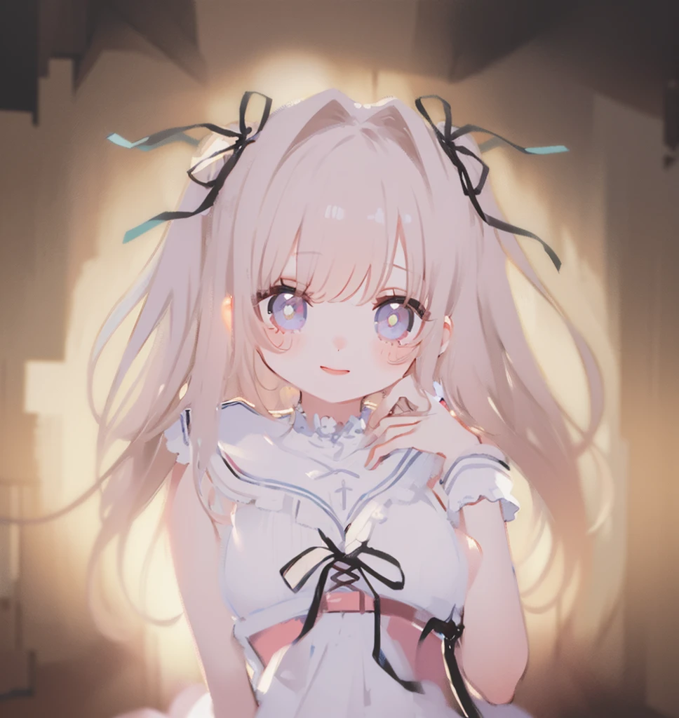 highest quality、An illustration、1 girl、beautiful face、cute、white background、beige hair、curly hair、thin white ribbon on head、white blouse、gingham checked skirt、white skin、princess cut、pink cheeks、Small lips、Pink lips、tear bag、smile