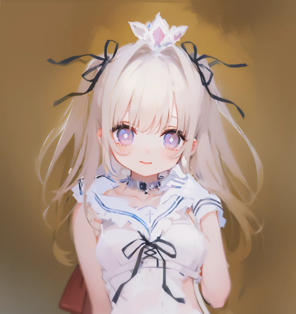 highest quality、An illustration、1 girl、beautiful face、cute、white background、beige hair、curly hair、thin white ribbon on head、white blouse、gingham checked skirt、white skin、princess cut、pink cheeks、Small lips、Pink lips、tear bag、smile