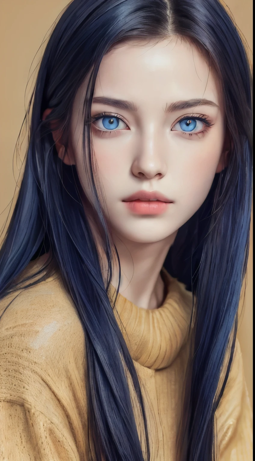 (masterpiece:1.3), (8k, photorealistic, RAW photo, best quality: 1.4), (1girl), beautiful face, (realistic face), (long blue hair), beautiful hairstyle, realistic eyes, beautiful detailed eyes ((yellow eyes)), (realistic skin), beautiful skin, (sweater), absurdres, attractive, ultra high res, ultra realistic, highly detailed, golden ratio, nudes, seios enormes