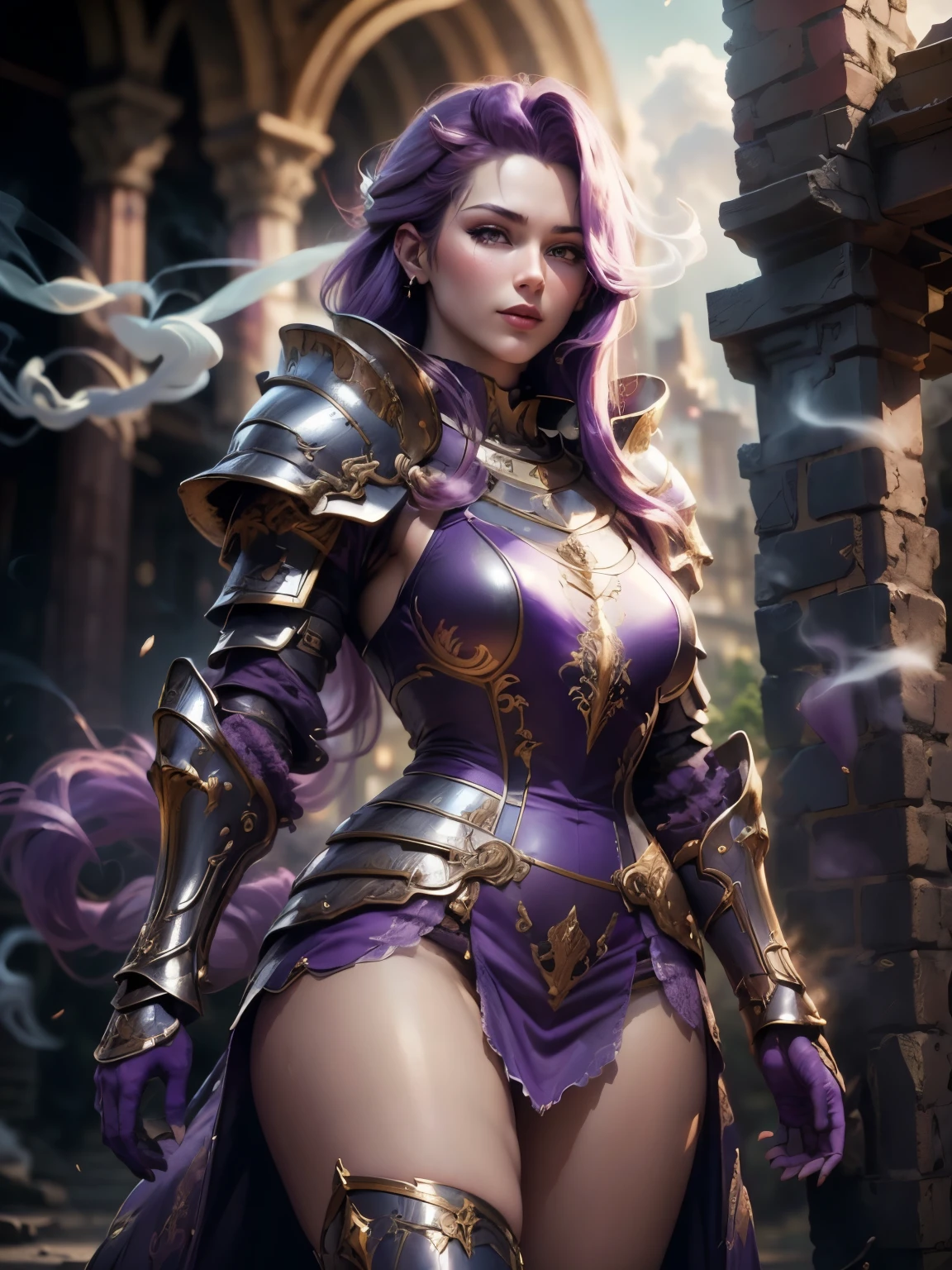 (Masterpiece, Superb Detail, Super Detailed, High Resolution), Male Focus, (((Female Armor))), (((Armor Purple Dress Set))), (She Has Long Purple Hair, Medium Breasts, Slim, perfect body, beautiful face), look at viewer, (((purple panty))), (((smoke))), City Ruins, Background Details, Solo