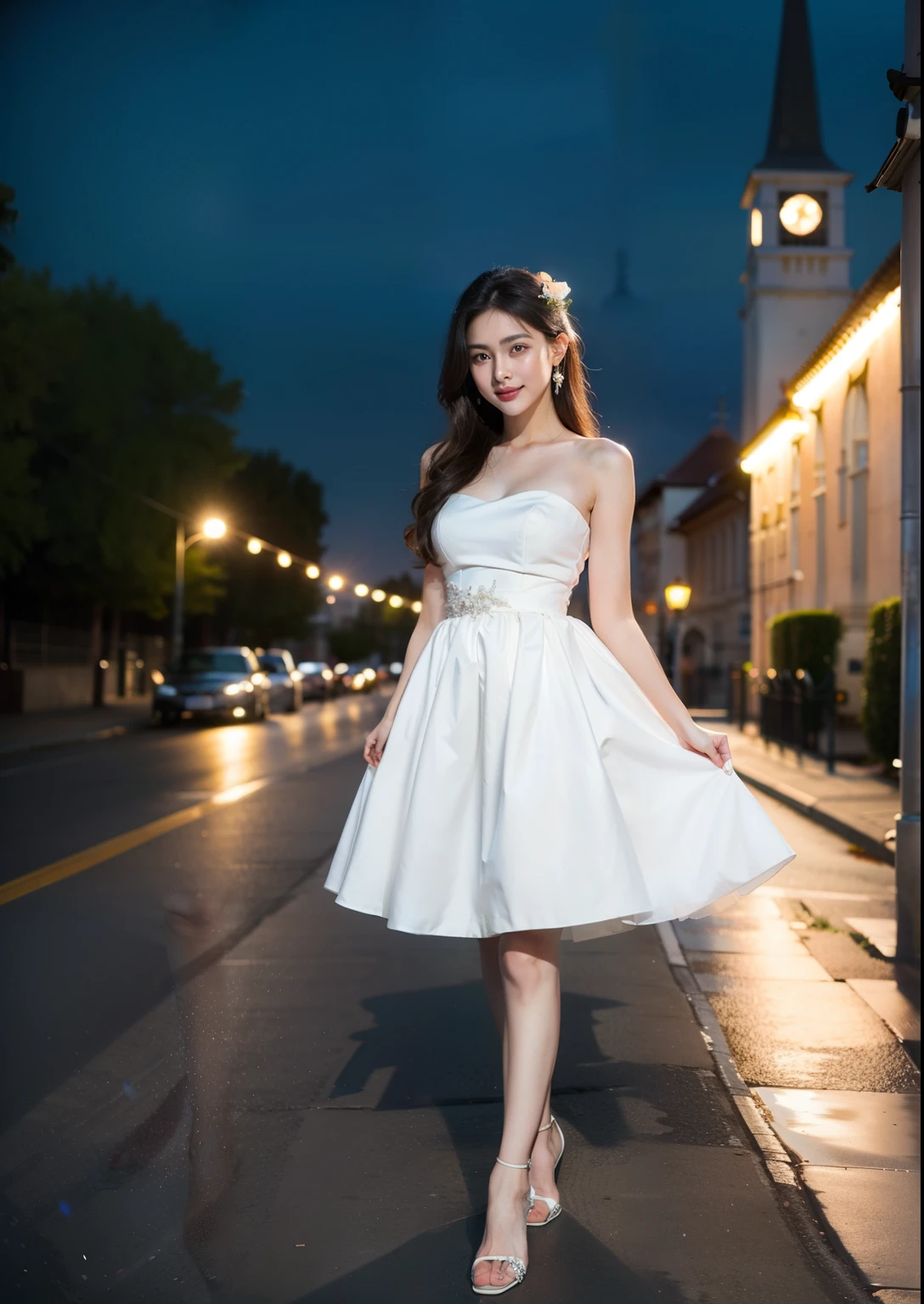 Beautiful 25 year old woman。She is wearing a summer wedding dress. She is walking and her legs crossed and one leg is visible. She is shying and smiling on illuminated by the evening church lights . her black hair. High resolution、masterpiece、highest quality、頭w:1.0、((Hasselblad Photos))、fine skin、(movie lighting)、clavicle . full body picture.