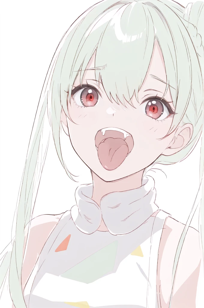(best quality, masterpiece, highres),1girl,red eyes,green hair,jitome,open mouth,fangs,tongue,smile,close-up,braided bun,white background,