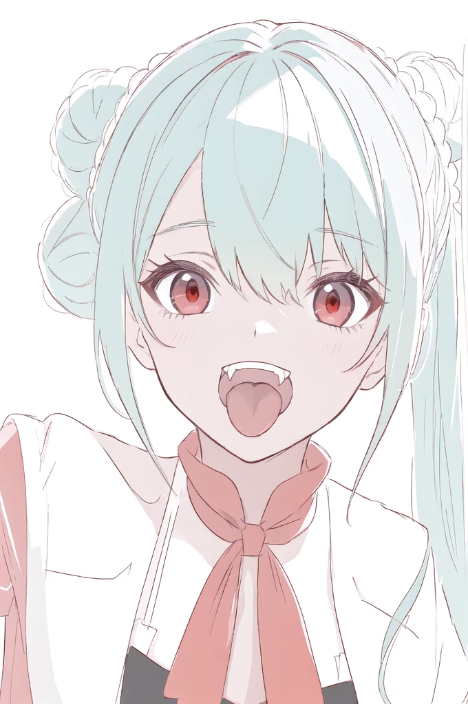 (best quality, masterpiece, highres),1girl,red eyes,green hair,jitome,open mouth,fangs,tongue,smile,close-up,braided bun,white background,