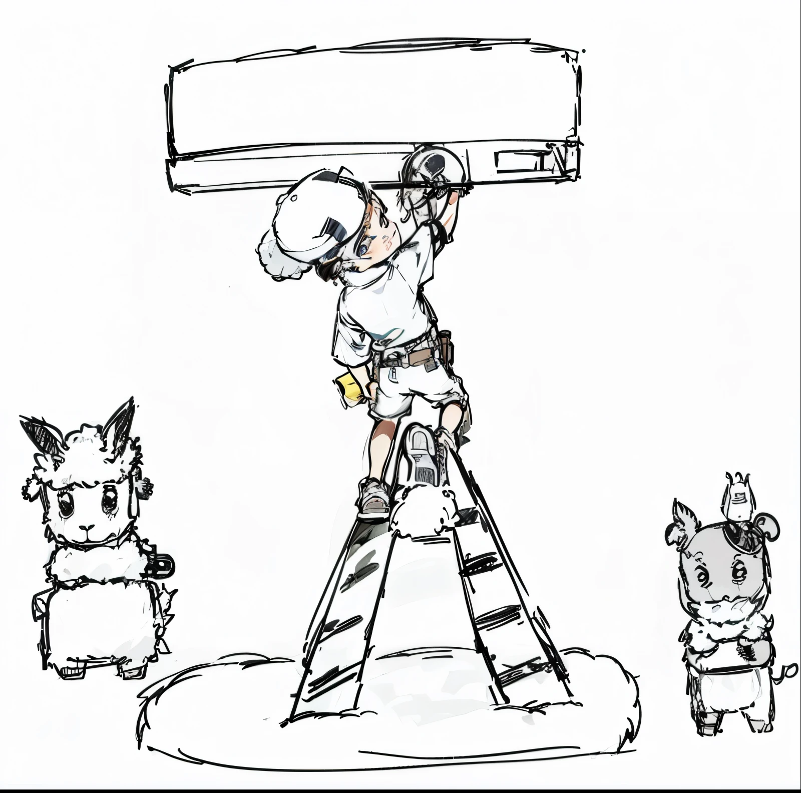 Imagine a wearing a reverse baseball cap, gray shorts, a pair of back-shell shoes, and a work belt with various tools around his waist. He is standing on a ladder with a cloth in hand wiping the air conditioner. There is a tarp under the ladder on the right side. There is a cute calf helping to carry the bucket. On the other side on the left is a cute lamb sitting in the storage box. The scene is very interesting.