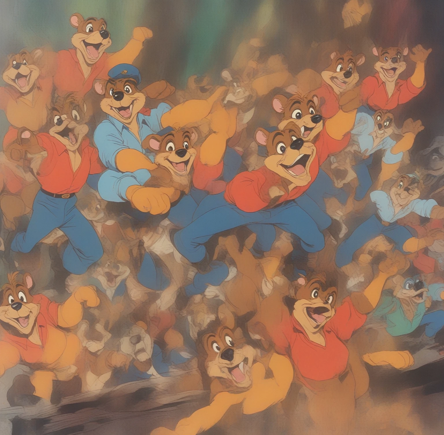 (Talespin 1990's cartoon homage), comic 1990's, animated tv show screengrab, Talespin cast dancing stanky boogie, cinematic poster, image within image, multiple exposure, massive scale, rich color grading for shading depth, hand drawn rotoscope cartoon realism, chiaroscuro lighting, mixed media, vintage comic, retro original design, 1990's comic, sense of movement energy, taking flight, tropical rot, rewilding, (full roygbiv color) ink charcoal expressive illustration, Talespin aesthetics
