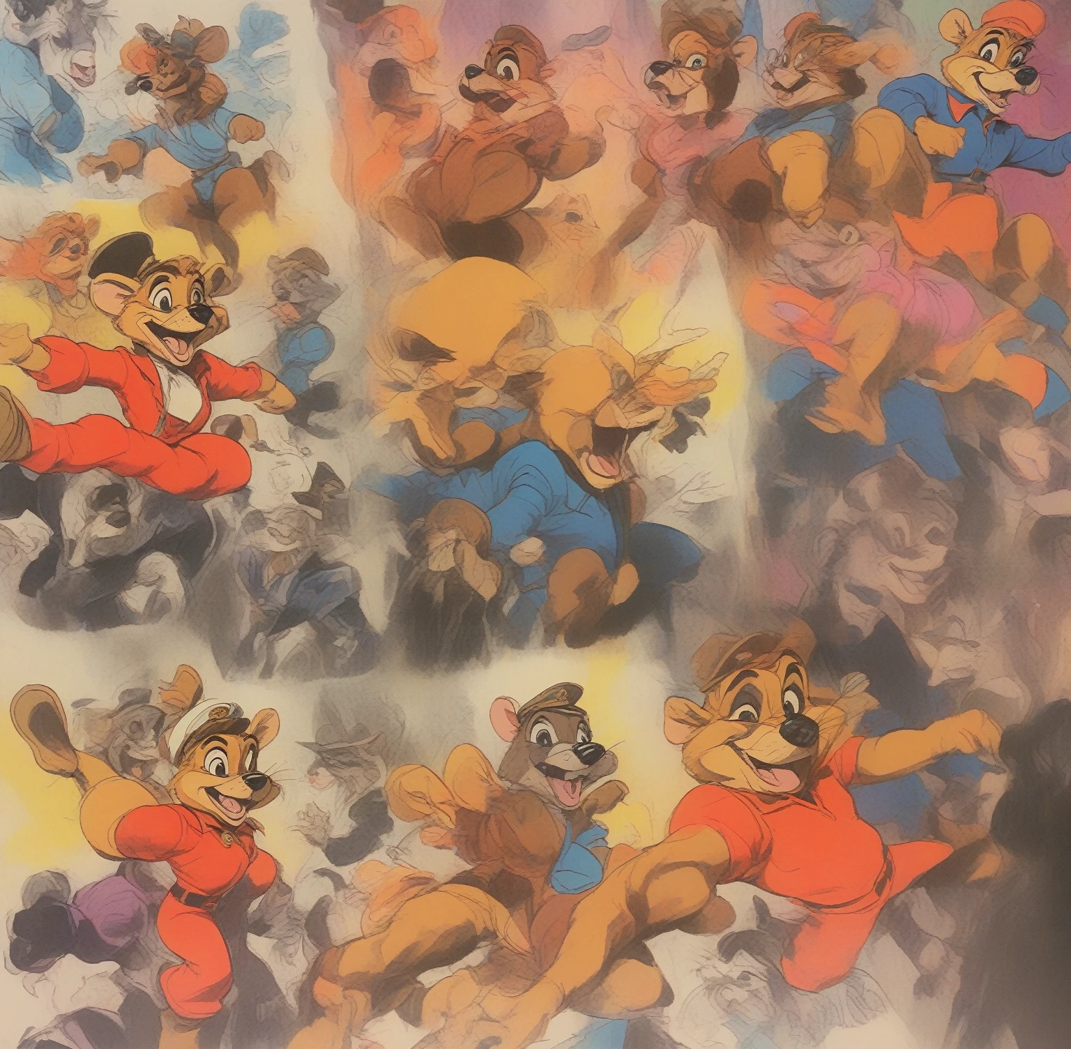 (Talespin 1990's cartoon homage), comic 1990's, animated tv show screengrab, Talespin cast dancing stanky boogie, cinematic poster, image within image, multiple exposure, massive scale, rich color grading for shading depth, hand drawn rotoscope cartoon realism, chiaroscuro lighting, mixed media, vintage comic, retro original design, 1990's comic, sense of movement energy, taking flight, tropical rot, rewilding, (full roygbiv color) ink charcoal expressive illustration, Talespin aesthetics
