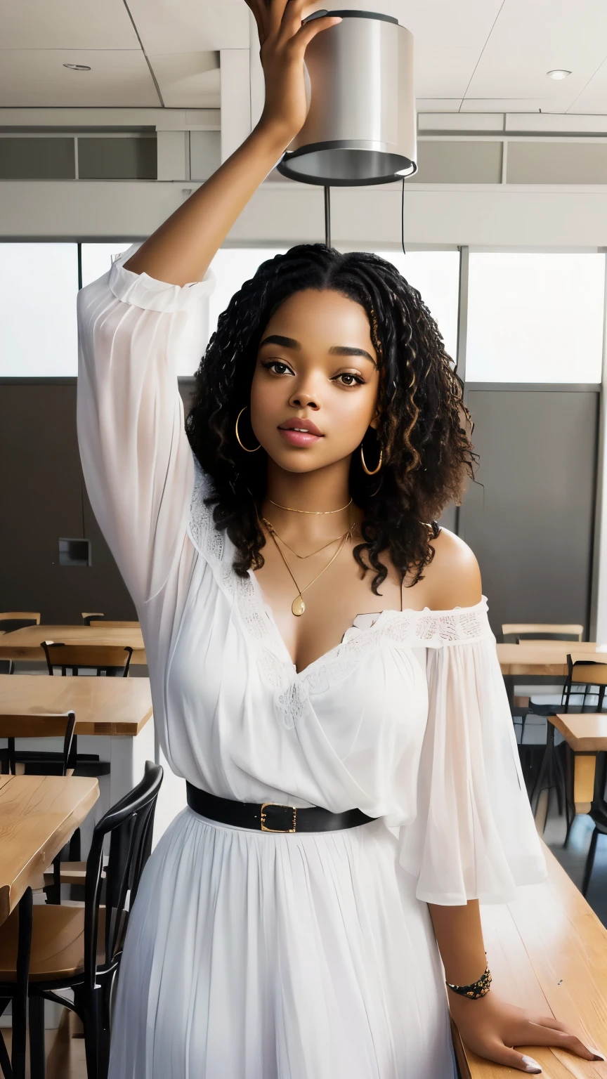 There is a woman standing in front of the table, african american young woman, Lovely woman, Photo of a black woman, Photo of young woman, Mixed Art, actor, stunning images, Tessa Thompson, picture, prompt young woman, The cutest, Young black woman, wave to the camera, A lovely young woman, Mixed race woman