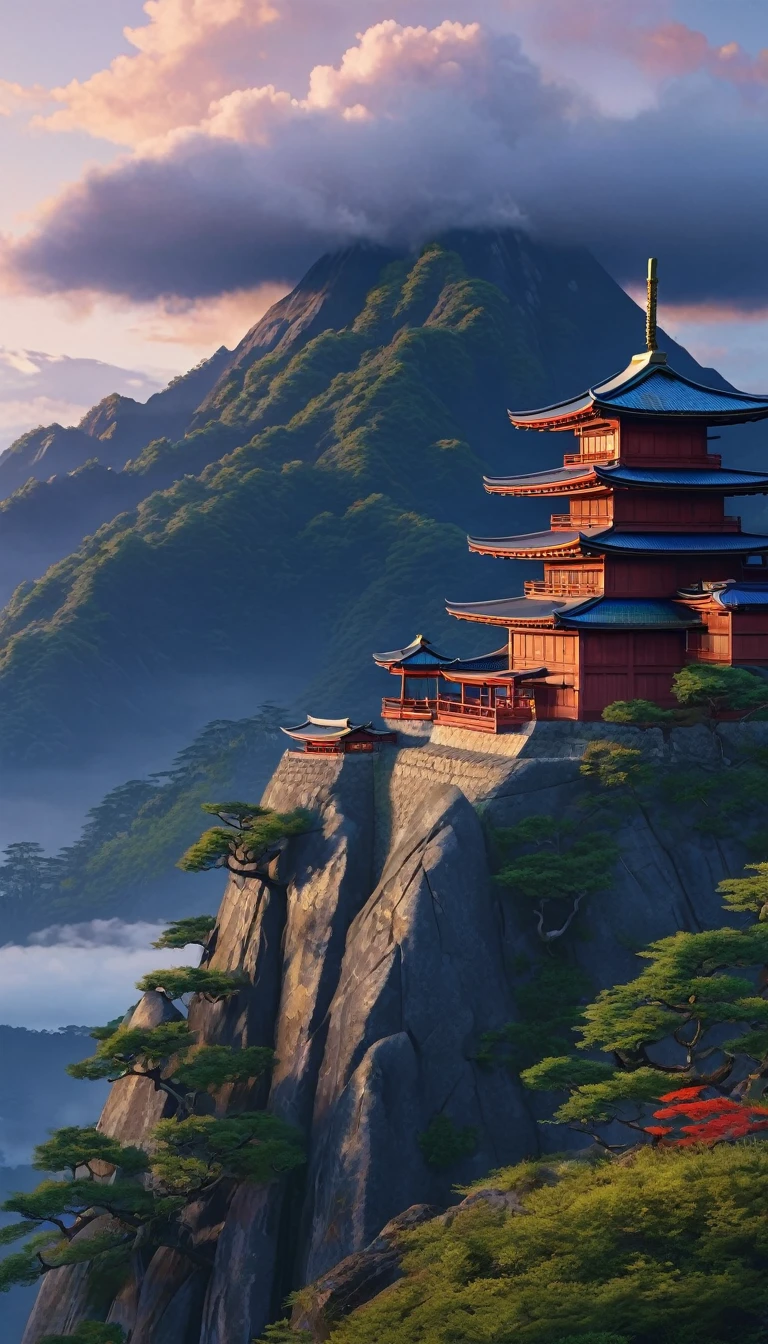 Masterpiece、Mountain at dusk, Japanese-style fortress、Rural Scenery, Low clouds cover the mountains, Realistic+Very intricate detail, Colorful clothing, whole body, 16k.
