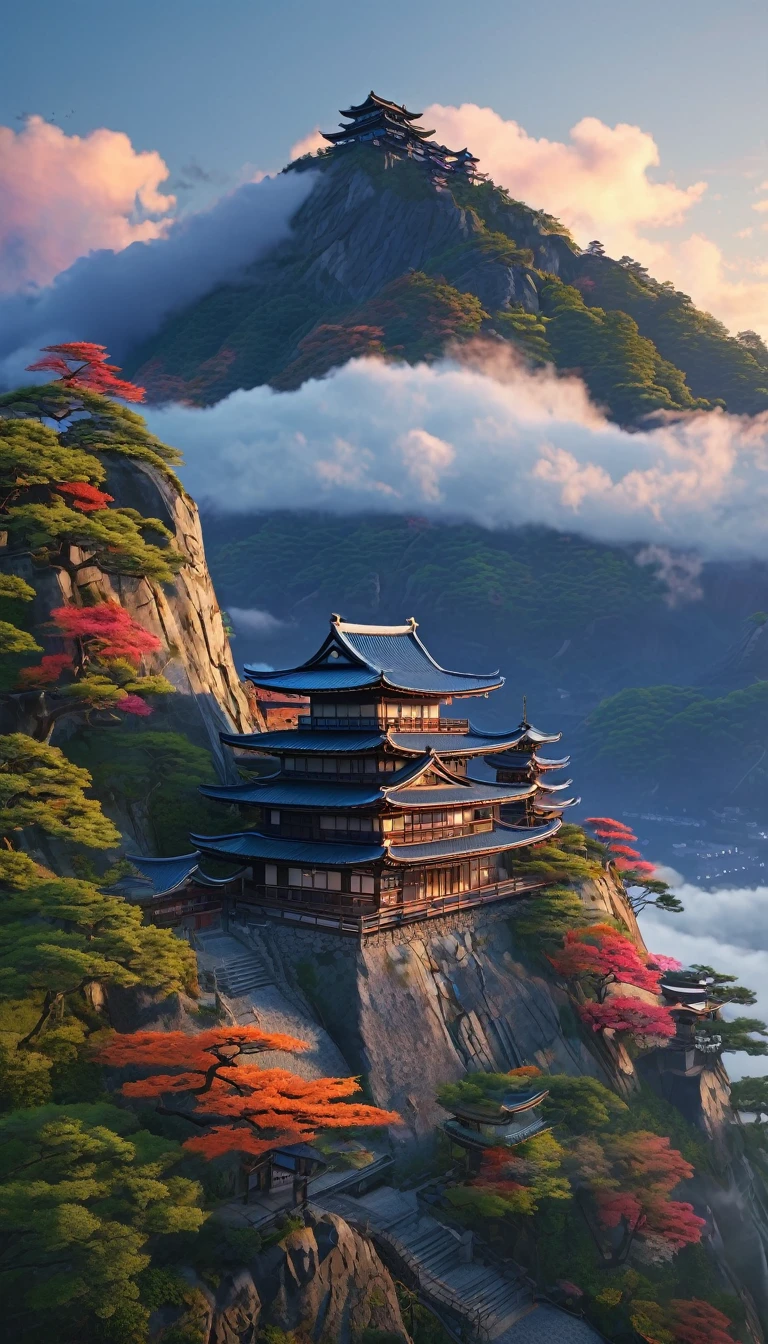 Masterpiece、Mountain at dusk, Japanese-style fortress、Rural Scenery, Low clouds cover the mountains, Realistic+Very intricate detail, Colorful clothing, whole body, 16k.