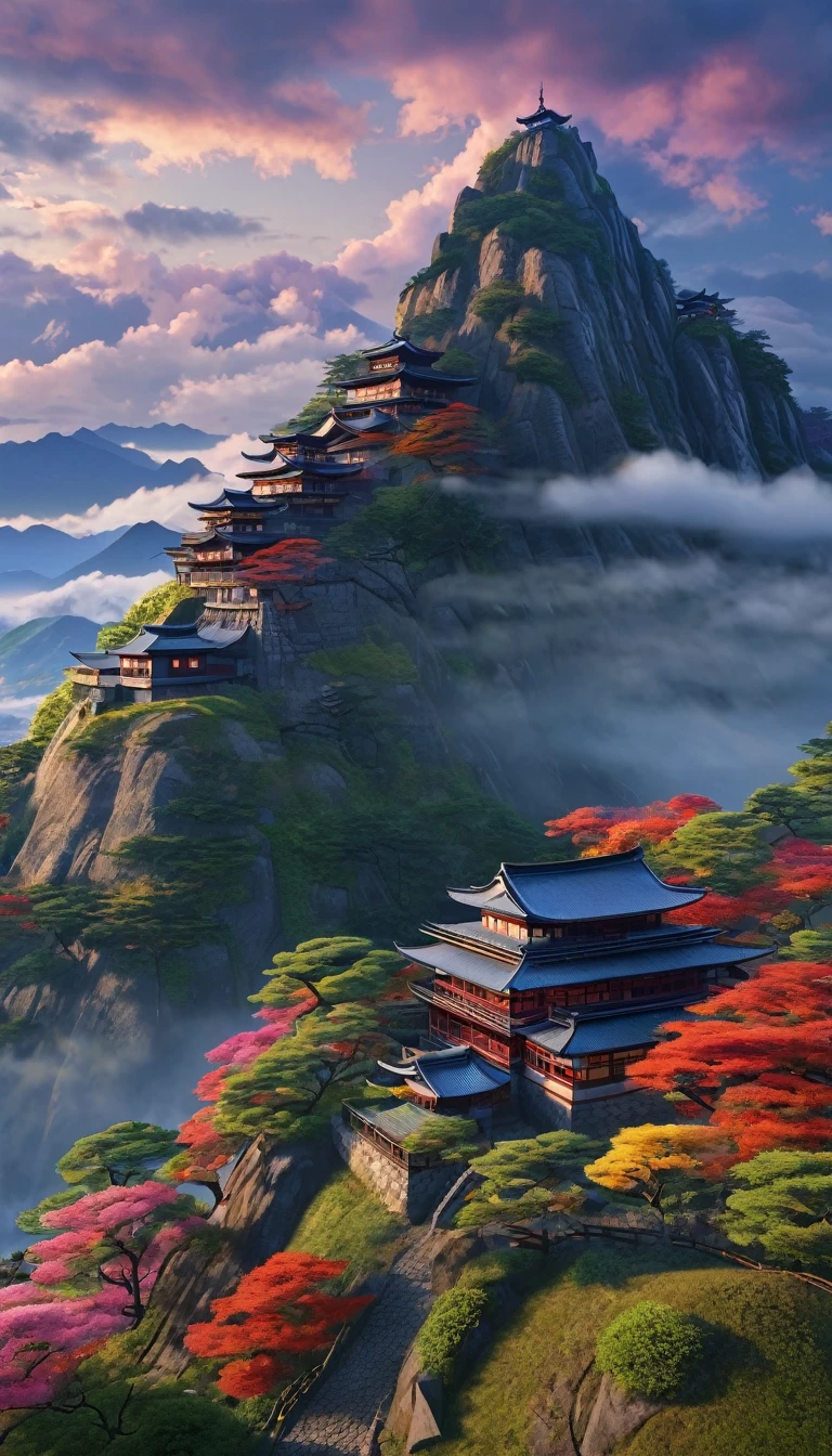 Masterpiece、Mountain at dusk, Japanese-style fortress、Rural Scenery, Low clouds cover the mountains, Realistic+Very intricate detail, Colorful clothing, whole body, 16k.