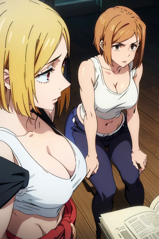(Best Quality, masterpiece, High resolution, anime screen cap, anime colours), Orange hair, Nobara Kugisaki, (large full breasts:1.5), cleavage, (Thin fabric, White tank top:1.8, no-bra:1.5), Slimed, arms on your breasts, squeezing breasts:1.5, Leaning forward, Upper body, Bedrooms, (Perfect Anatomy, perfect detailed body, Eyes and hair in beautiful detail, Beautiful breasts and skin), have muscle, nipples hard, nipples visible,
