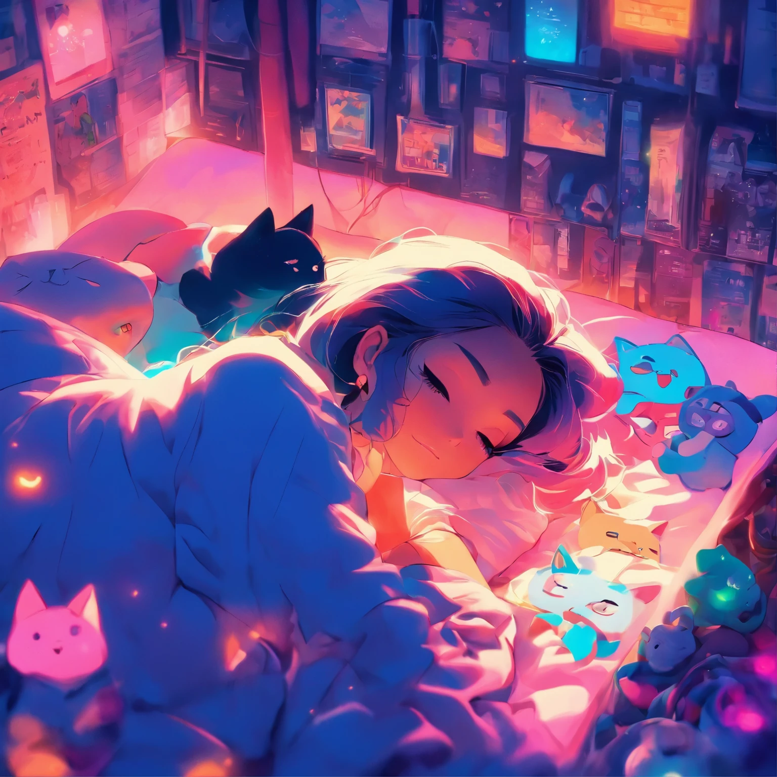 anime scene of a woman laying on a bed with a cat, by Liam Wong, loish art style, anime vibes, by Cyril Rolando, anime aesthetic, in the bedroom at a sleepover, by Victor Mosquera, lofi girl, by Josan Gonzalez, it is glowing, lofi art, 8 0 s anime vibe, lofi girl aesthetic