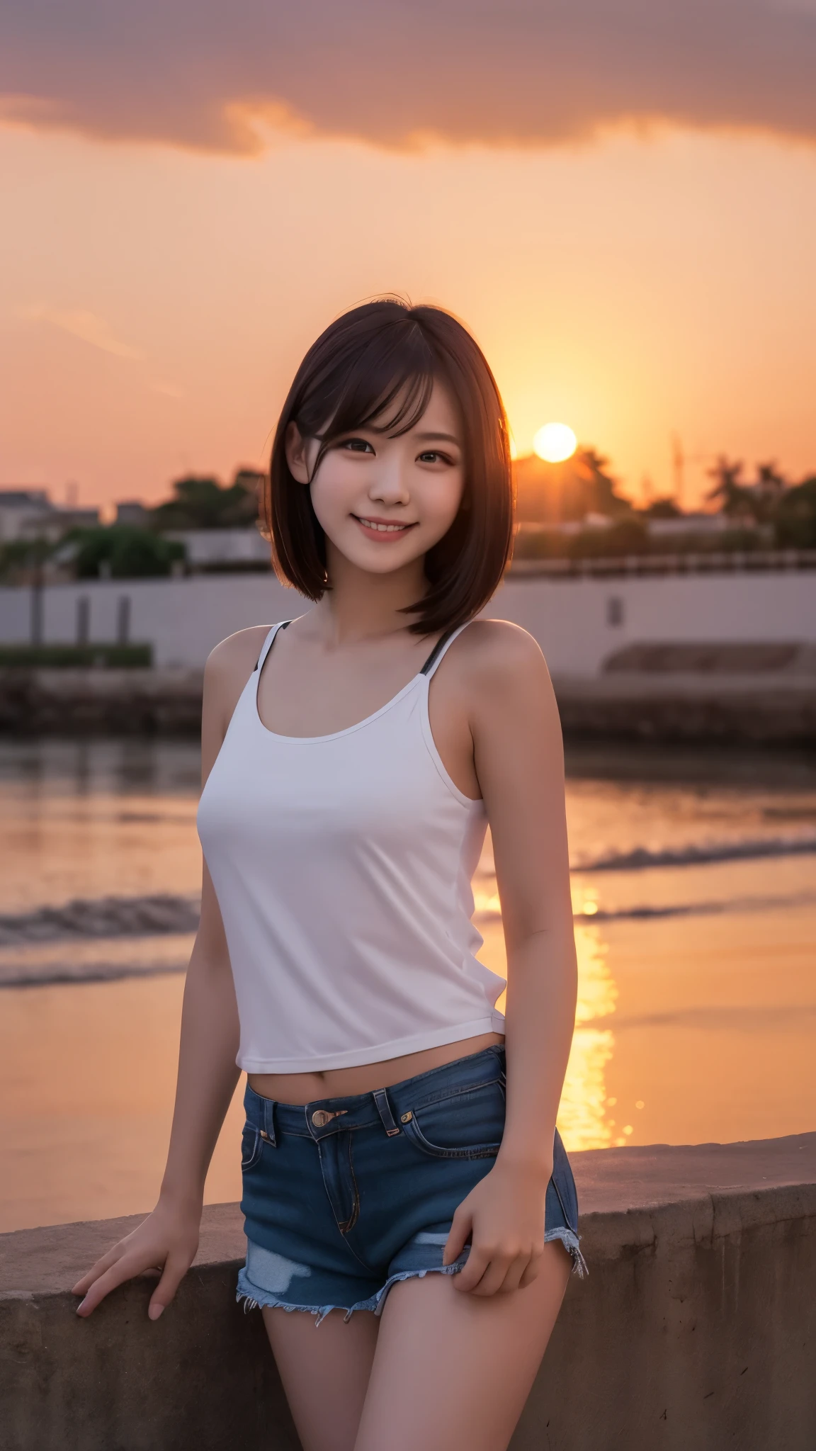 One girl, Photo Model, smile, Focus on your audience, Beautiful lighting, highest quality, masterpiece, Ultra-high resolution, Realistic, Black Hair, Short tank top, Shorts, Long Stockings, Medium chest, White skin,( Sunset background:1.4)