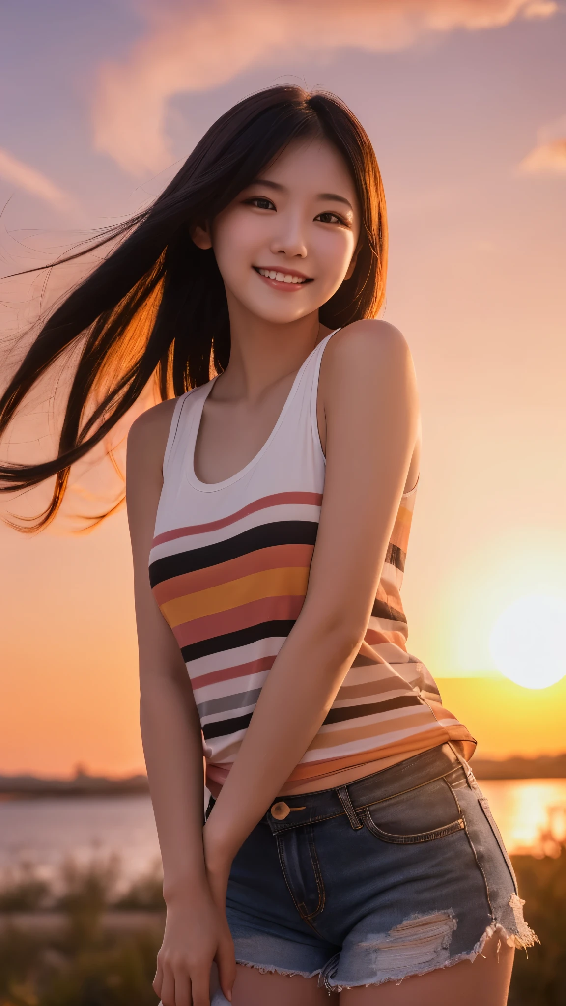 One girl, Photo Model, smile, Focus on your audience, Beautiful lighting, highest quality, masterpiece, Ultra-high resolution, Realistic, Black Hair, Short tank top, Shorts, Long Stockings, Medium chest, White skin,( Sunset background:1.4)