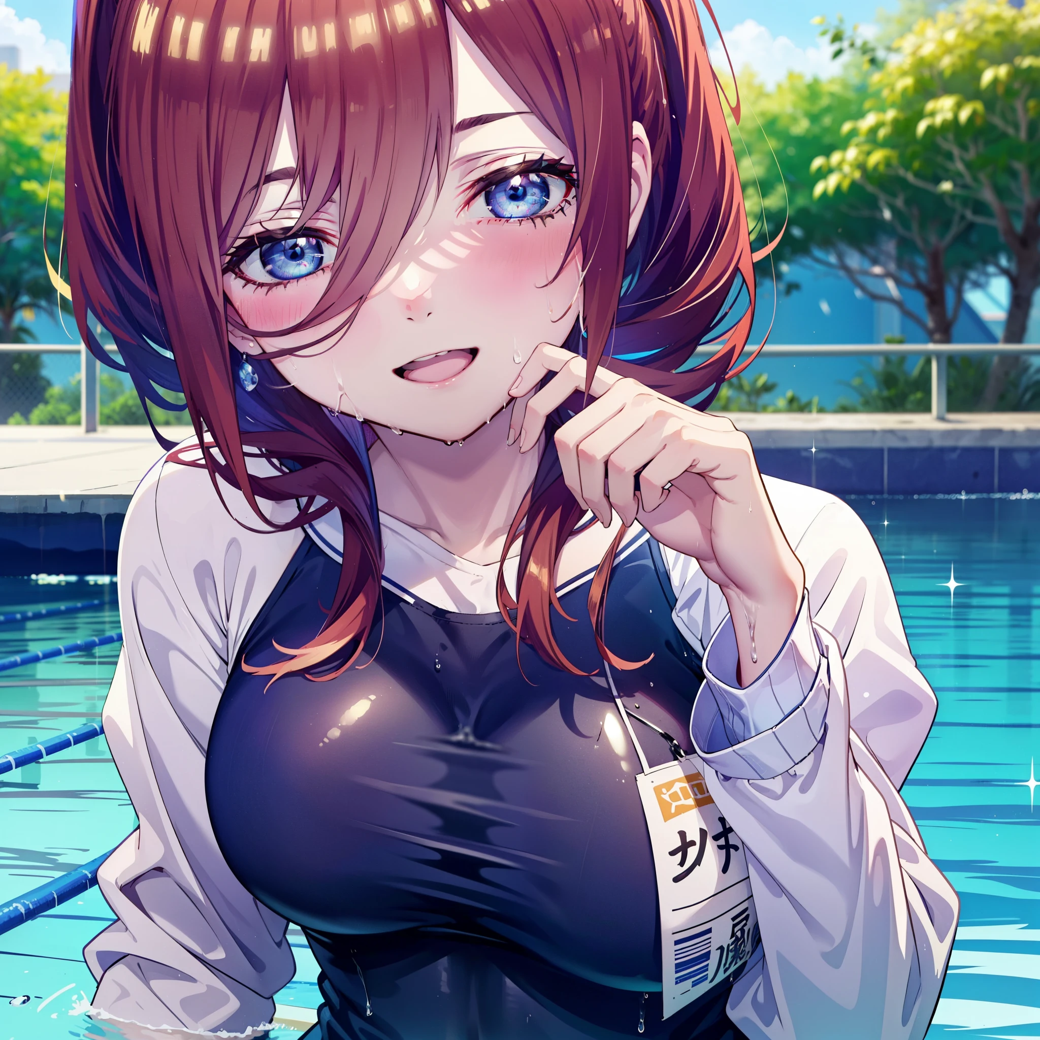 Mikunakano, Miku Nakano, Long Hair, bangs, blue eyes, Brown Hair, shirt, Hair between the eyes,ponytail, smile, happy smile, smile, Open your mouth,Big Breasts,smile,Wet swimsuit,Wet Hair,Wet Skin,whole bodyがイラストに入るように,School Swimsuit,School Swimsuitを着た群衆,student,Clear skies,Daytime,
break outdoors ,School,Outdoor swimming pool,
break looking at viewer, whole body,(Cowboy Shot:1. 5) ,
break (masterpiece:1.2), highest quality, High resolution, unity 8k wallpaper, (shape:0.8), (Beautiful details:1.6), Highly detailed face, Perfect lighting, Highly detailed CG, (Perfect hands, Perfect Anatomy),