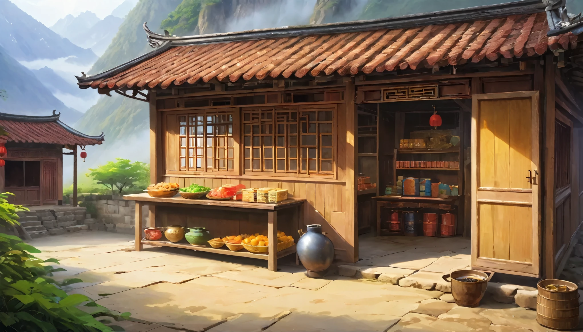 Small courtyard in rural China，There is a dilapidated wooden house inside，The hut is a canteen，There are three words on the door &References;commissary&References; It says.，There are wooden shelves in the house，There are all kinds of snacks in it.，The background is the mountains of Yunnan，Foggy，Aerial Photography，illustration，Fresh，peaceful，