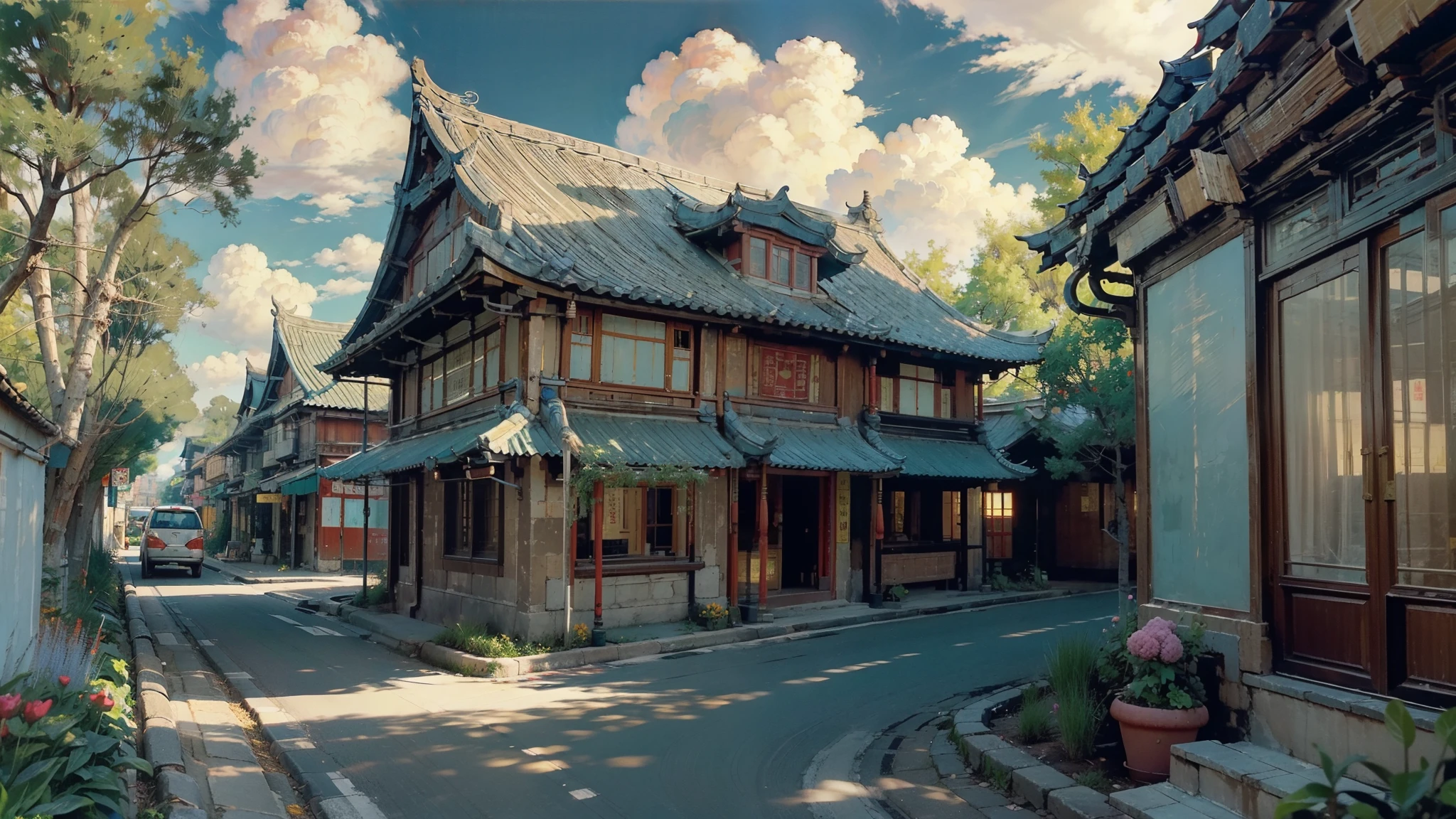 Oil_,architecture, Traditional Chinese streets,Sunlight, Flowers, Green Plants,((Blue sky)),((cloud)),