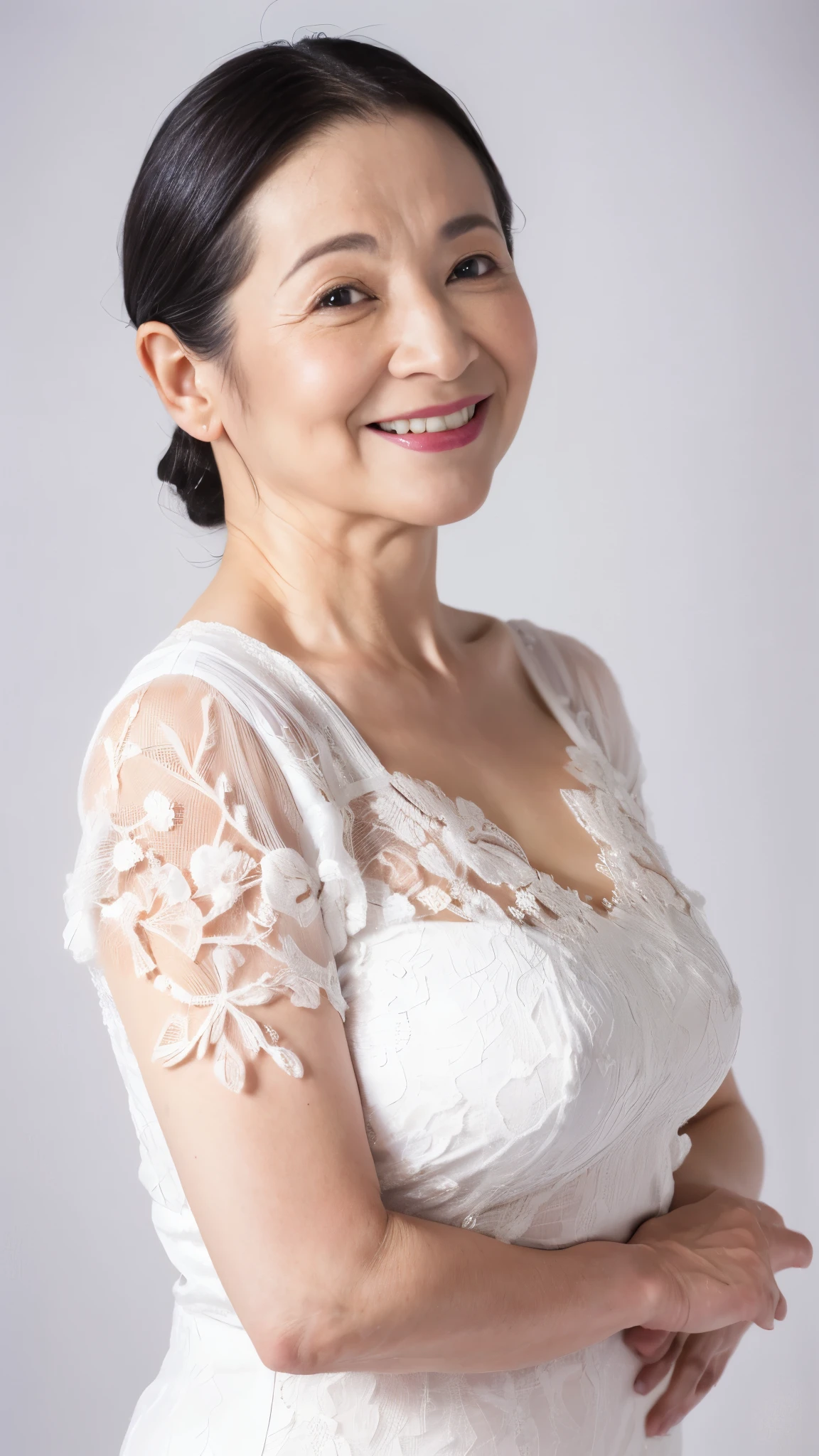 Mid-range close-up, Late Elderly, Perfect composition, ((Fractal Art)), (((masterpiece))), 8k, Clear images, (((alone))), (((Asian Beauty))), Pure white background, Gray Hair, Hands behind back, Refreshing early summer outfit, Alluring, ((Elderly)), Depict lips accurately,Red lips, Flashy makeup, (((alone))), (((Perfect Anatomy))), Depicting ears correctly, Pure white background, gravure, Upright posture, smile, ((Beautiful mature woman)), highest quality, Very detailed, Realistic, Very detailed細なスキン, (Madame), (The corners of the mouth are turned up), 100 years old, Huge breasts, Mature Politician, Glamour, sexy, Pure white skin, Natural hairstyle, Comfortable clothing,