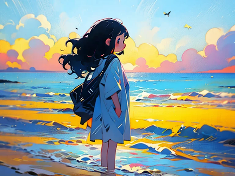 Girl Looking At The Sea。Back view