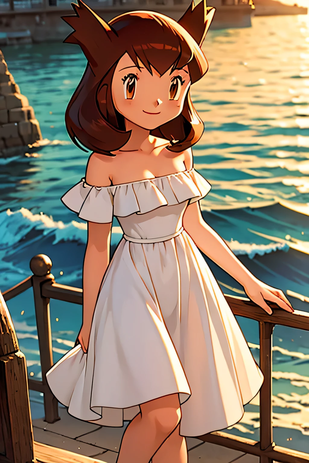 masterpiece, best quality, ultra-detailed, illustration, beautiful detailed eyes, very detailed illustration, cinematic lighting, 1 girl, solo, Pokemon Heroes (Bianca), Brown Hair, brown eyes, 1 girl, solo, bare shoulders, strapless, off shoulders, ruffle off the shoulder top, white maxi dress, intricate details, sharp focus, high resolution, beachside,evening light,early evening,walking in white high heels, Coast, cowboy shot, light smile