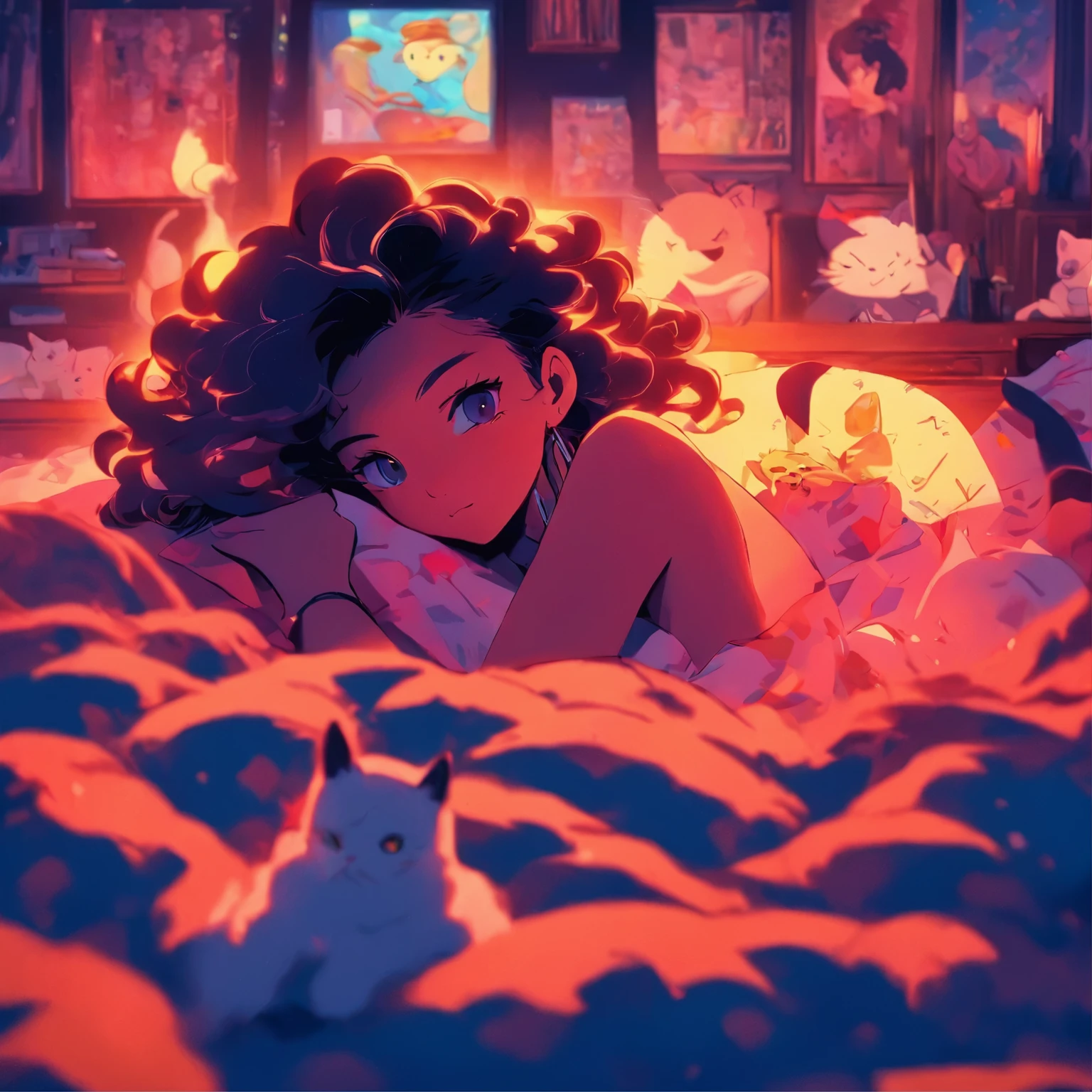 anime scene of a woman laying on a bed with a cat, by Liam Wong, loish art style, anime vibes, by Cyril Rolando, anime aesthetic, in the bedroom at a sleepover, by Victor Mosquera, lofi girl, by Josan Gonzalez, it is glowing, lofi art, 8 0 s anime vibe, lofi girl aesthetic