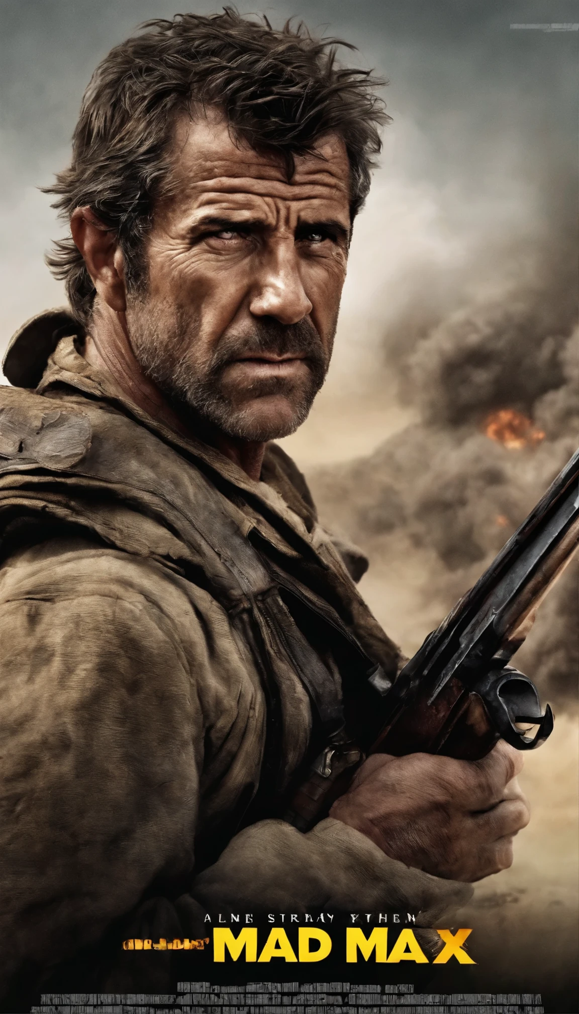『Mad Max 2』In high definition video、As Max Rockatansky, the ruggedly handsome Mel Gibson dominates the frame with stoic intensity.、A fascinating scene from the movie unfolds。Armed with a menacing shotgun, he、Sulking in front of my weather-beaten car、The barrel of the weapon is pointed resolutely at an unseen enemy.。The contrast between the desolate wasteland and the muzzle flash of the gun、highlights the harshness of the post-apocalyptic world he inhabits、Creates a stark and dramatic tableau。Mel Gibson's face details,