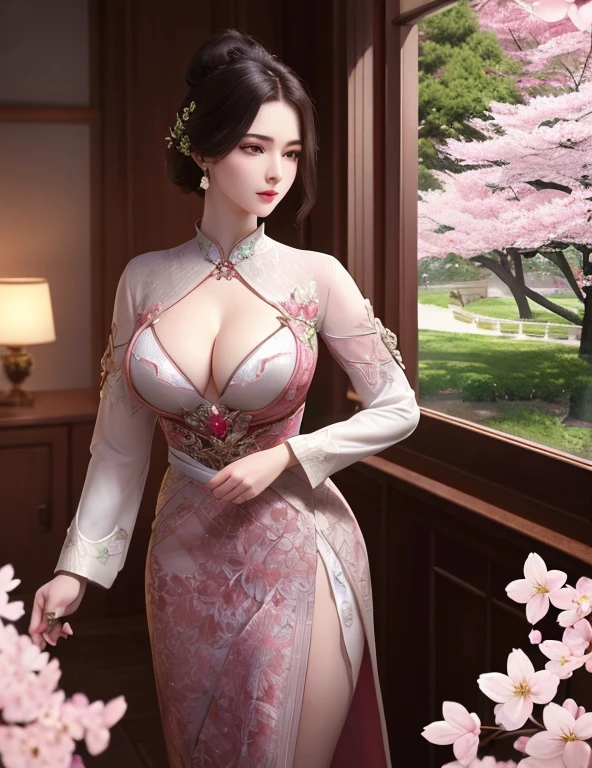 Ultra-realistic 8K CG, perfection, clean, masterpiece, Professional artwork, Famous works of art, Cinema Lighting, Cinematic Flowers, perfectionな顔, Beautiful Face, Fantasy, dream-like, unrealistic, SF, race, race trim, race-trimmed legwear, luxury, jewelry, diamond, Money, Pearl, gem, sapphire, Ruby, Emerald, Intricate details, Delicate pattern, Charm, Fascinating, Fascinating, erotic, Fascinating, hair ornaments, neckrace, Earrings, bracelet, Bracelet,Hello,autumn,
(,One girl, throw,highest quality, ) , (,One girl, alone,Big Tits, Curved waist、Big Ass、View Viewer, cherry blossoms, )