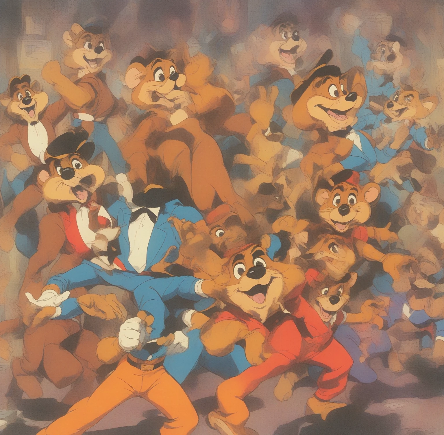 (Talespin 1990's cartoon homage), comic 1990's, animated tv show screengrab, Talespin cast dancing stanky boogie, cinematic poster, image within image, multiple exposure, massive scale, rich color grading for shading depth, hand drawn rotoscope cartoon realism, chiaroscuro lighting, mixed media, vintage comic, retro original design, 1990's comic, sense of movement energy, taking flight, tropical rot, rewilding, (full roygbiv color) ink charcoal expressive illustration, Talespin aesthetics
