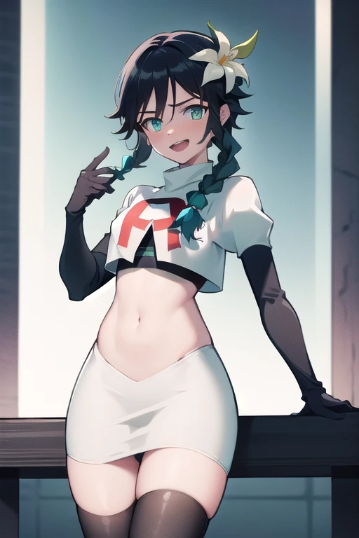 absurdres,venti,1boy, male focus, trap,black hair, green-blue hair, hair braid,hair flower,aqua green eyes,crossdressing,1boy,team rocket,team rocket uniform,white skirt,red letter R,crop top,black thigh-highs,black elbow gloves, cowboy shot,laughing,happy, blush