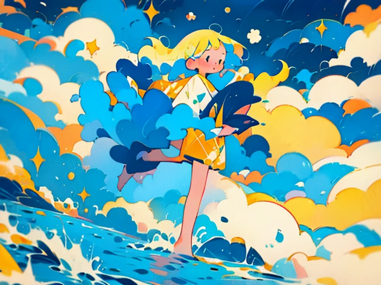 Girl swimming with dolphins。fluffy。