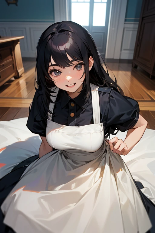 (Highest Resolution, clear_image) highest quality, Single person, One woman, alone, masterpiece, Very detailed, Semi-realistic, Black Hairのショートヘア, Black Hair, bangs, 18-year-old, , light blue uniform, uniform, Indoor Background, kind, Authoritative, Powerful, exquisite features, exquisite features、Eyelashes become longer、Showing teeth、smile😀、Maid clothes、woman'Fingers in the、Sleeping on the sofa、Long Hair、Fluttering in the wind、cleaning、Navy blue clothes、Long Hair、