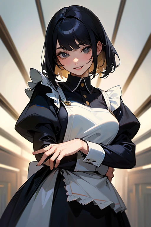 (Highest Resolution, clear_image) highest quality, Single person, One woman, alone, masterpiece, Very detailed, Semi-realistic, Black Hairのショートヘア, Black Hair, bangs, 18-year-old, mature, light blue uniform, uniform, Indoor Background, kind, Authoritative, Powerful, exquisite features, exquisite features、Eyelashes become longer、Showing teeth、smile😀、Maid clothes、woman'Fingers in the、Sleeping on the sofa、Long Hair、Fluttering in the wind、cleaning、Navy blue clothes、Long Hair、