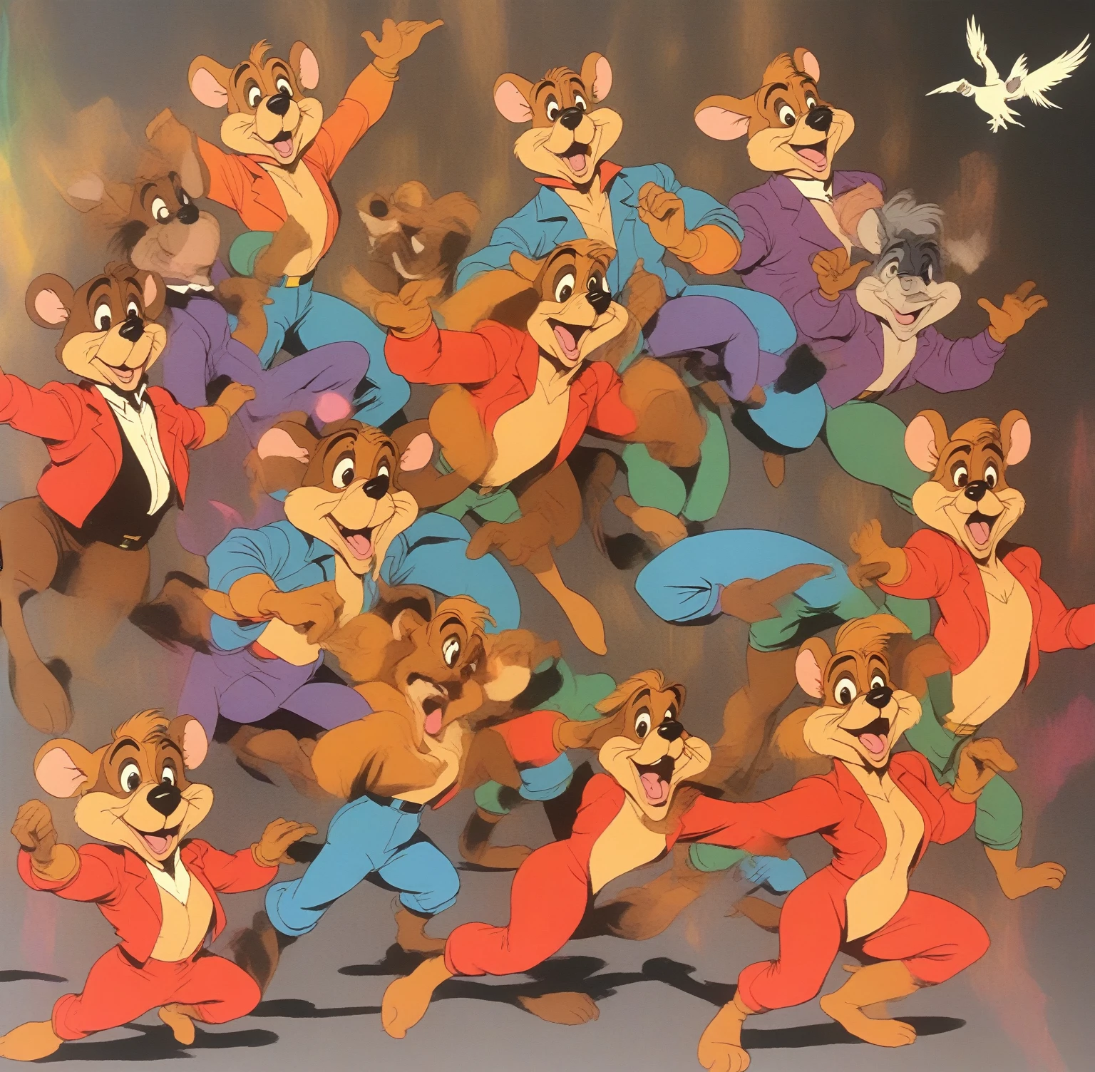 (Talespin 1990's cartoon homage), comic 1990's, animated tv show screengrab, Talespin cast dancing stanky boogie, cinematic poster, image within image, multiple exposure, massive scale, rich color grading for shading depth, hand drawn rotoscope cartoon realism, chiaroscuro lighting, mixed media, vintage comic, retro original design, 1990's comic, sense of movement energy, taking flight, tropical rot, rewilding, (full roygbiv color) ink charcoal expressive illustration, Talespin aesthetics
