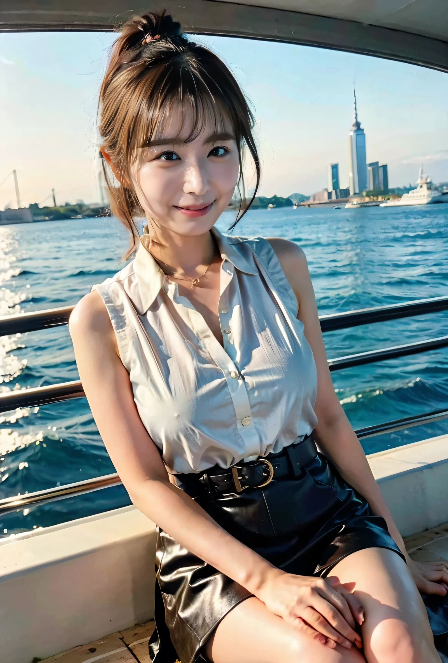 I see the Statue of Liberty、Light brown hair、Shaggy Cut、mullet hairstyle、Blue Eyed Woman、A woman with a cute upward gaze、When the sky gets dark、The sky turns red as the sun sets、Tight clothing that shows your body lines、The collar of his shirt is obscenely open、Gorgeous white collared silk shirt and brown skirt、High-quality genuine leather belt、Dress elegantly着こなす、Luxury Bags、、（（Medium Short Hair:1.4））、Skyscrapers seen across the sea、Manhattan Island is visible offshore、Woman on a sightseeing boat、Side Ponytail、The sun shines on her、Sleeveless、Light brown hair、Light brown hair、The sky was dyed red、There are clouds、It's cute、An elegantly dressed woman is sitting on a boat and watching the sunset、Her huge breasts are obvious even through her clothes..、The shining sun is so beautiful、Dusk is approaching、Lens flare、I can see the sun setting、（（Sunlight reflecting off the ocean、Ocean View、The sun shines on the ocean、&#39;beautiful.、Small earrings、It&#39;evening、Birds are also flying、、Brown Hair Color、Tying up hair、The woman is on the right:1.4））、Luxury Leather Belts、Shiny clothes、Light beige hair color、Background Blur、Braid only the front hair、Light brown hair、｛｛Cowgirl Shot｝｝、（（Close-up shot from the waist up、Big Breasts:1.4））、Big Breasts、Smile、Silk clothing、Big Breasts that can be seen even through clothes、Braid only the front hair、Cowboy Shot、Gorgeous white collared silk shirt and brown skirt、Dress elegantly、Luxury Bags、A lovely smile、（（airplane in the background、I&#39;Coming to the airport））、Full body photo、ring、Short skirt、Tuck your hair behind one ear、Silver Necklace、smile、 Elegant ponytail、Caustics、Highly detailed photos、Very beautiful and ideal short hair、Big Breasts、Super no makeup、(8k、RAW Photos、highest quality、masterpiece:1.2)、(Realistic、Realistic)、1 girl、((Big Breastsショートヘア、Looking into the camera:1.4))、Hair blowing in the wind
