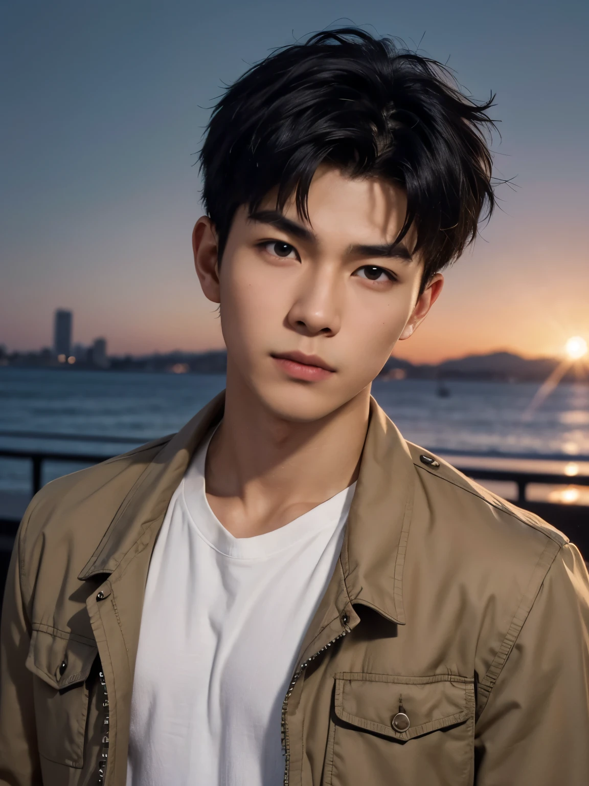 (photorealistic, masterpiece, 8K, HD, portrait, closing up on face, intricate details, soft lighting, absurdres), a handsome young vietnamese man, soldier, 25 years old, strong, brave, determined, confident, manly, intimidating, mischievous, hot, attractive, smirking, detailed face, red eyes, detailed eyes, sharp eyes, looking at viewer, wearing a jacket with rolled up sleeves over a shirt, casual wear, tanned skin, fit, black hair, short hair, spiky hair, outdoors, pier, dawn, stars, constellation, cosmical, dreamy world, surrealism, ethereal