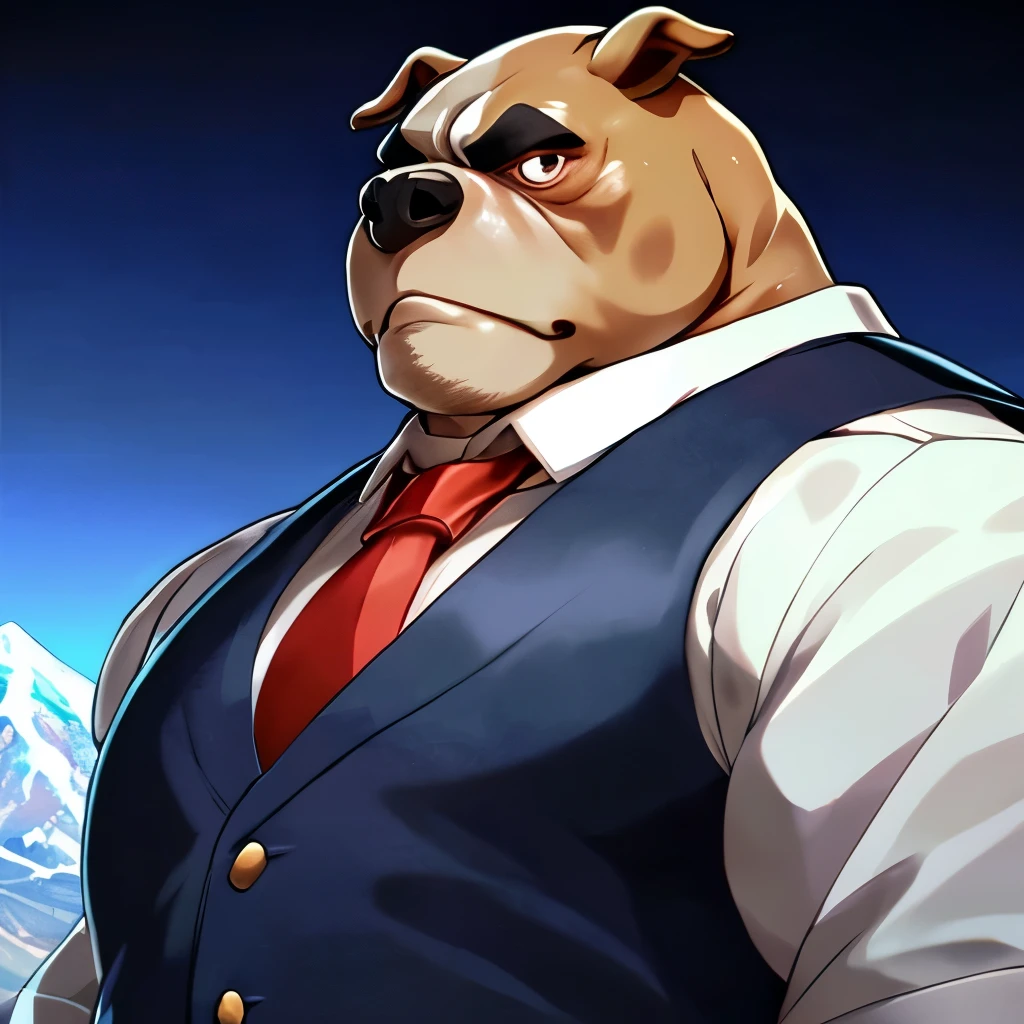 Dressed male bulldog, Muscular, Round eyes, Wearing a vest, Please fasten your tie, mount fuji background, Anime Style, High resolution 4K, Serious expression